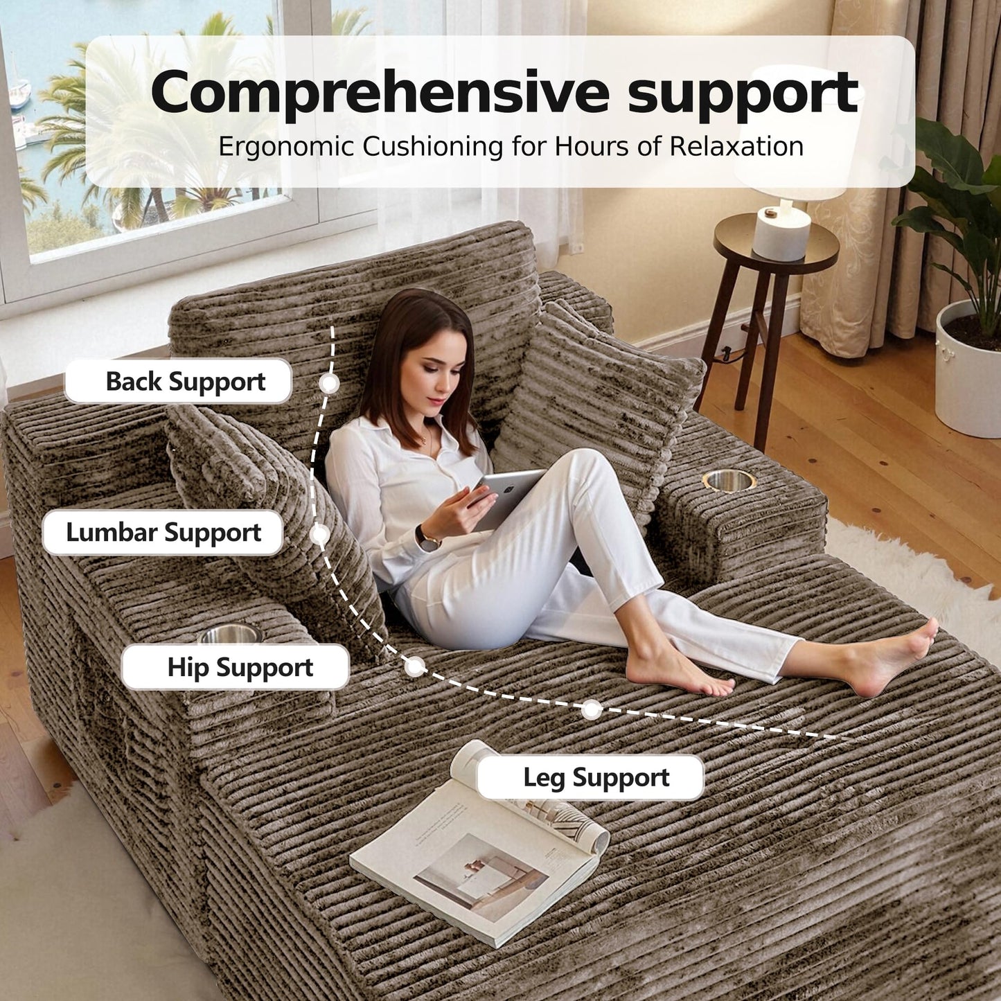 CHORRO 66" Chaise Lounge Chair Indoor,Oversized Boneless Single Sleeeper Couch Bed,Corduroy Cloud Sofa with 3 Soft Pillows for Livingroom,Bedroom,No Assembly,(Khaki)