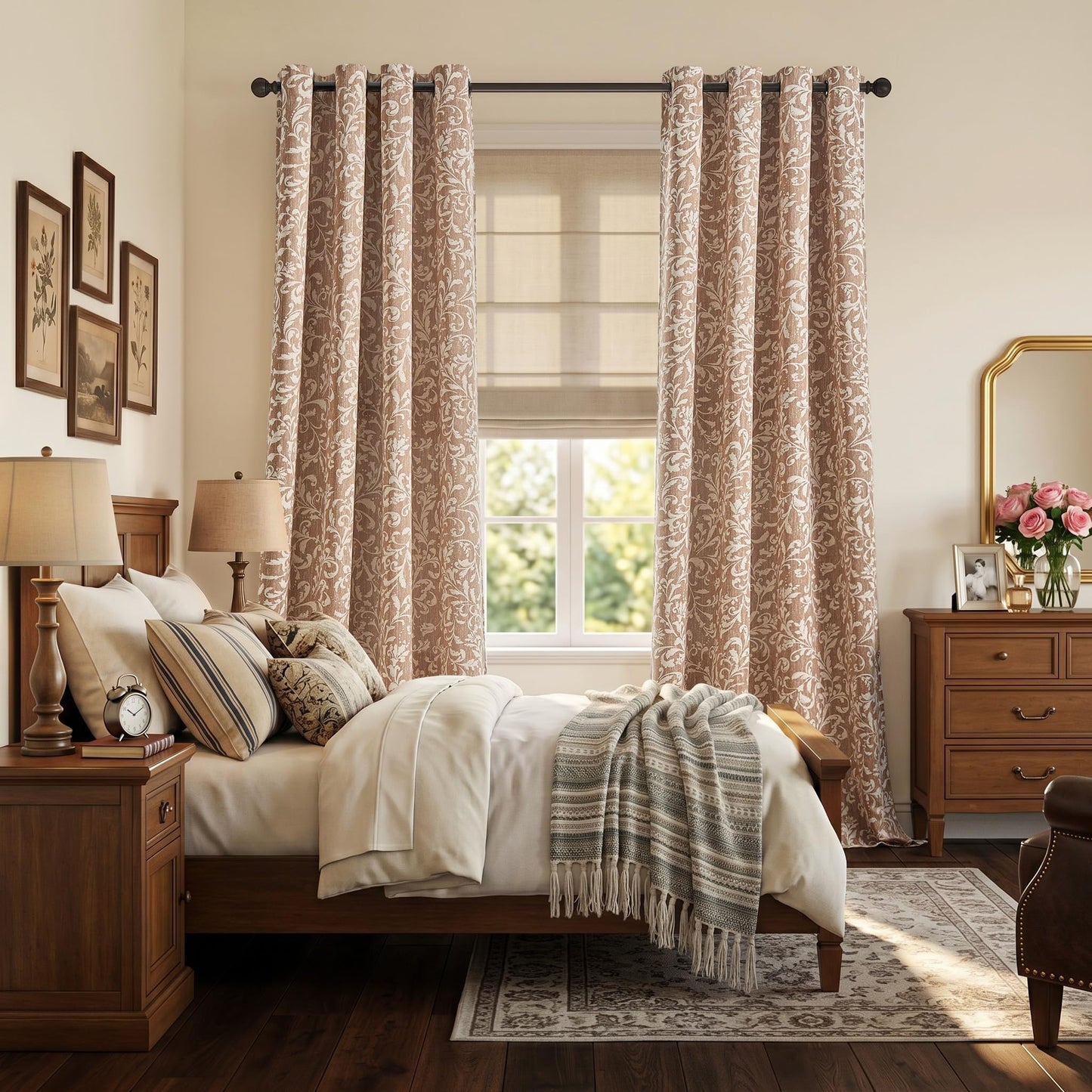 jinchan Vintage Curtains 96 Inch Long Cream Scroll Floral Warm Taupe Curtians for Living Room Bedroom Room Darkenign Drapes Thermal Insulated Classic Traditional Privacy Grommet Top 2 Panels