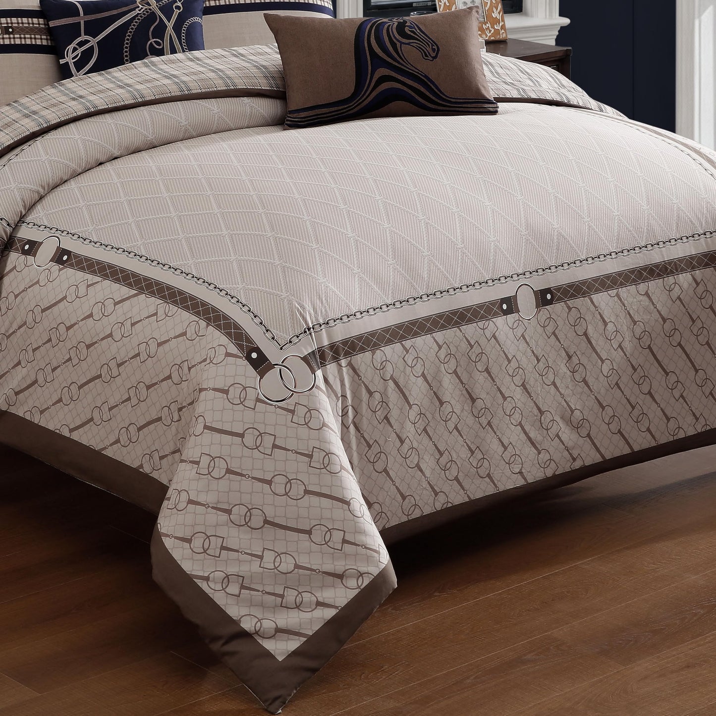 Bebejan Equestrian 5 Piece Comforter Set, 100% Cotton Sateen, 220 Thread Count, Tan Reversible Bedding Comforter Set, 1 Comforter, 2 Shams & 2 Pillows (King/Cal King)