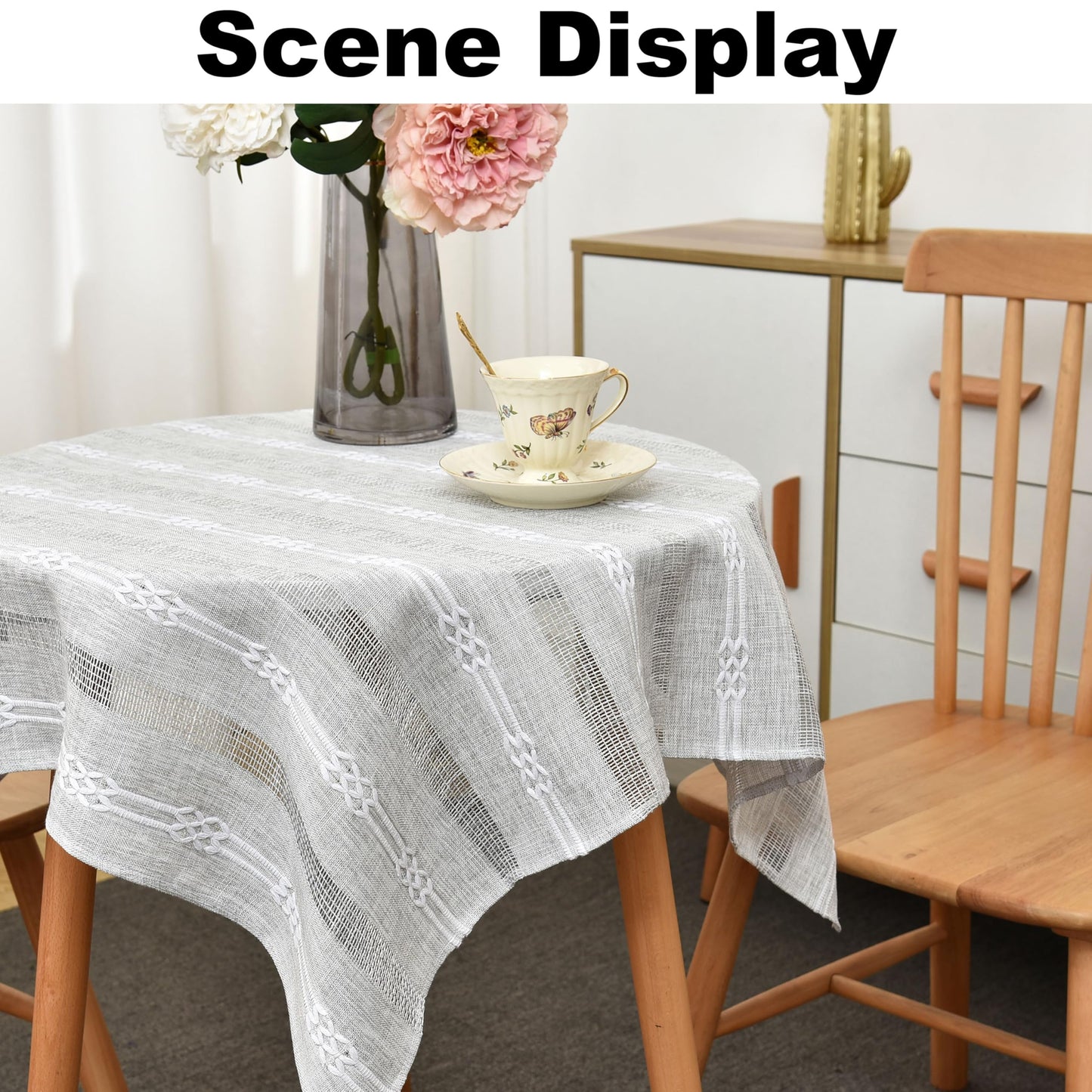 Limalred Farmhouse Striped Embroidery Small Square Tablecloth, Openwork Heavy Weight Linen Wrinkle Resistant Tablecloths End Table Cover for Nightstand Bedside Table Decor 36x36 Inch Grey