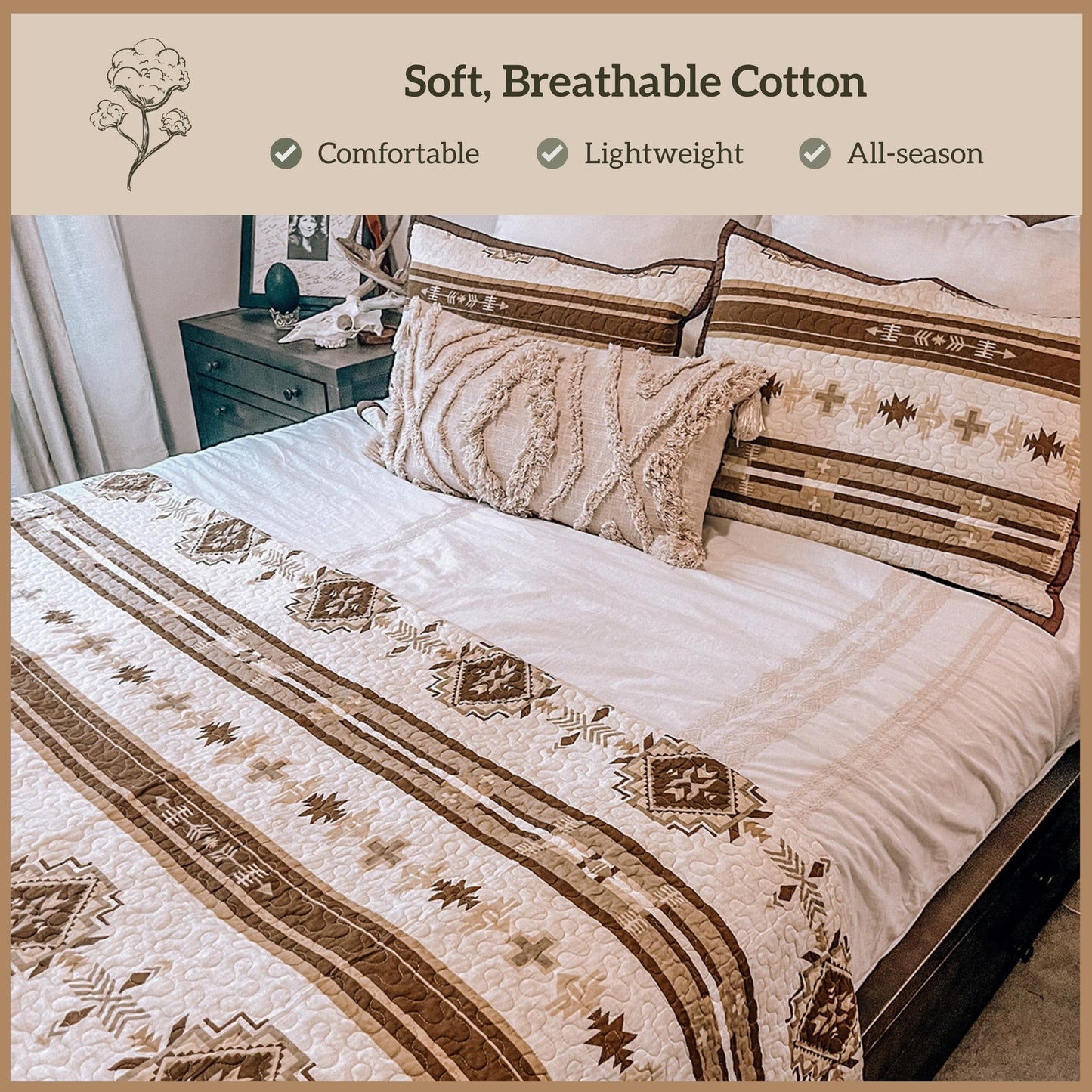 Paseo Road Dakota Queen Quilt Set, 3 Piece Rustic Western Bedding Set with Pillow Sham, Lightweight Reversible Cotton Quilt with Southwestern Aztec Pattern, Soft Breathable Cozy Boho Bedding