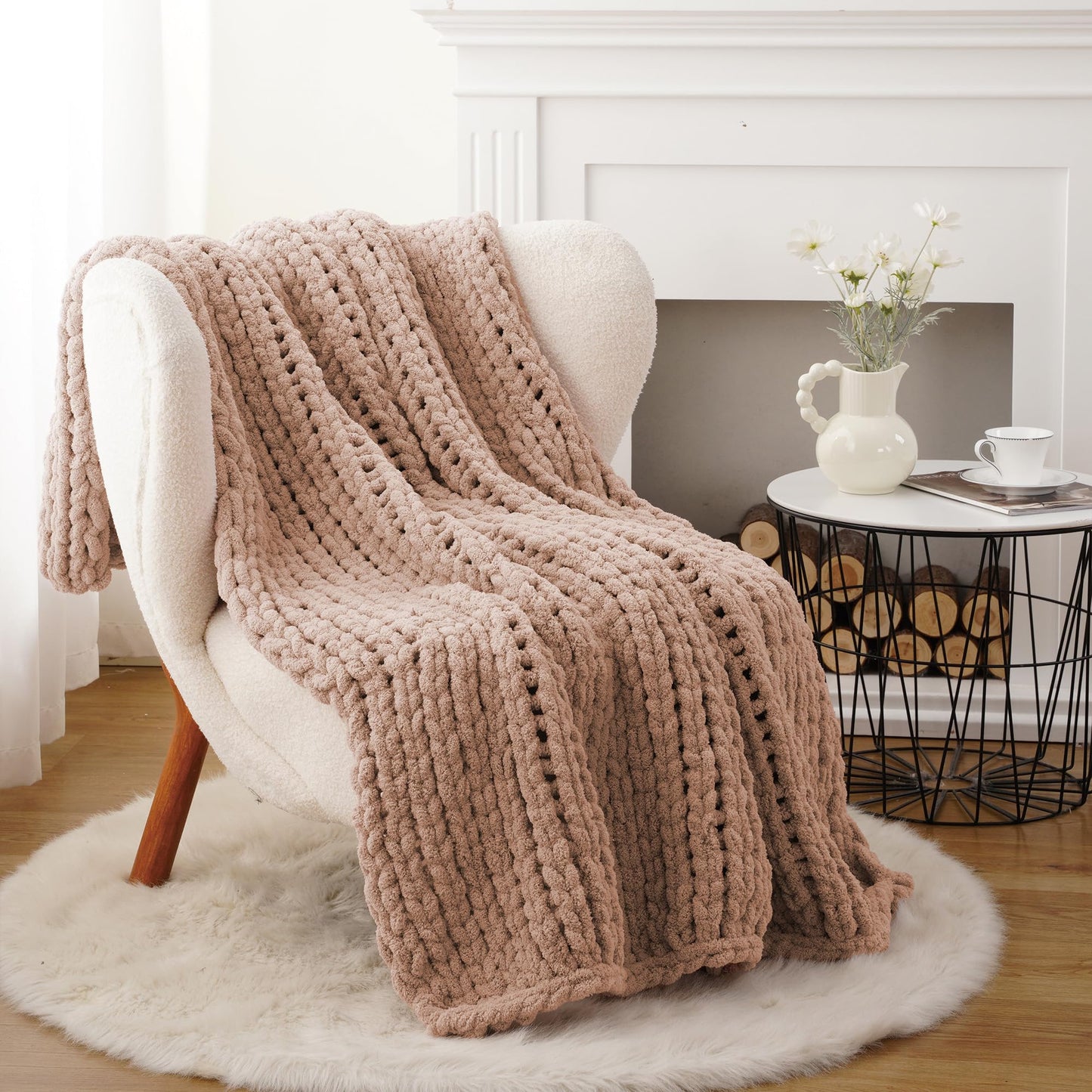 Battilo Chunky Knit Throw Blanket, Soft and Thick Chenille Throw Blanket, 50"x60" Handmade Cable Knit Crochet Blanket, Dusty Pink Knot Knitted Throw Blankets for Couch Sofa Bed Home Decor, Pink