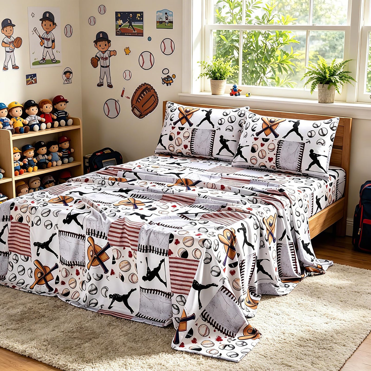 SDIII 4 Pieces Baseball Sheets Twin for Boys Girls Kids Teens, Soft Microfiber Deep Pocket Sport Themed Twin Sheets Set for All Season