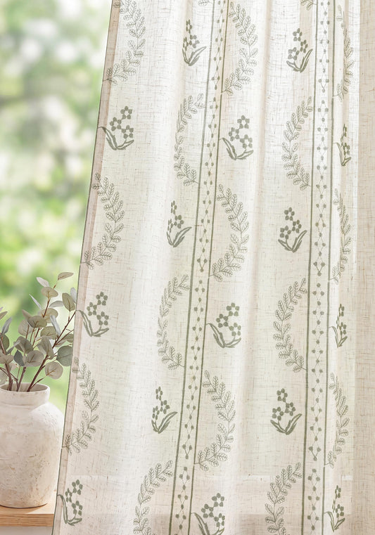 THREE GIRLS Lily of the Valley Sage Green Vintage Floral Linen Curtains 96 Inch 2 Panels Back Tab/Rod Pocket Light Filtering Window Drapes for Farmhouse Living Room Bedroom Kitchen