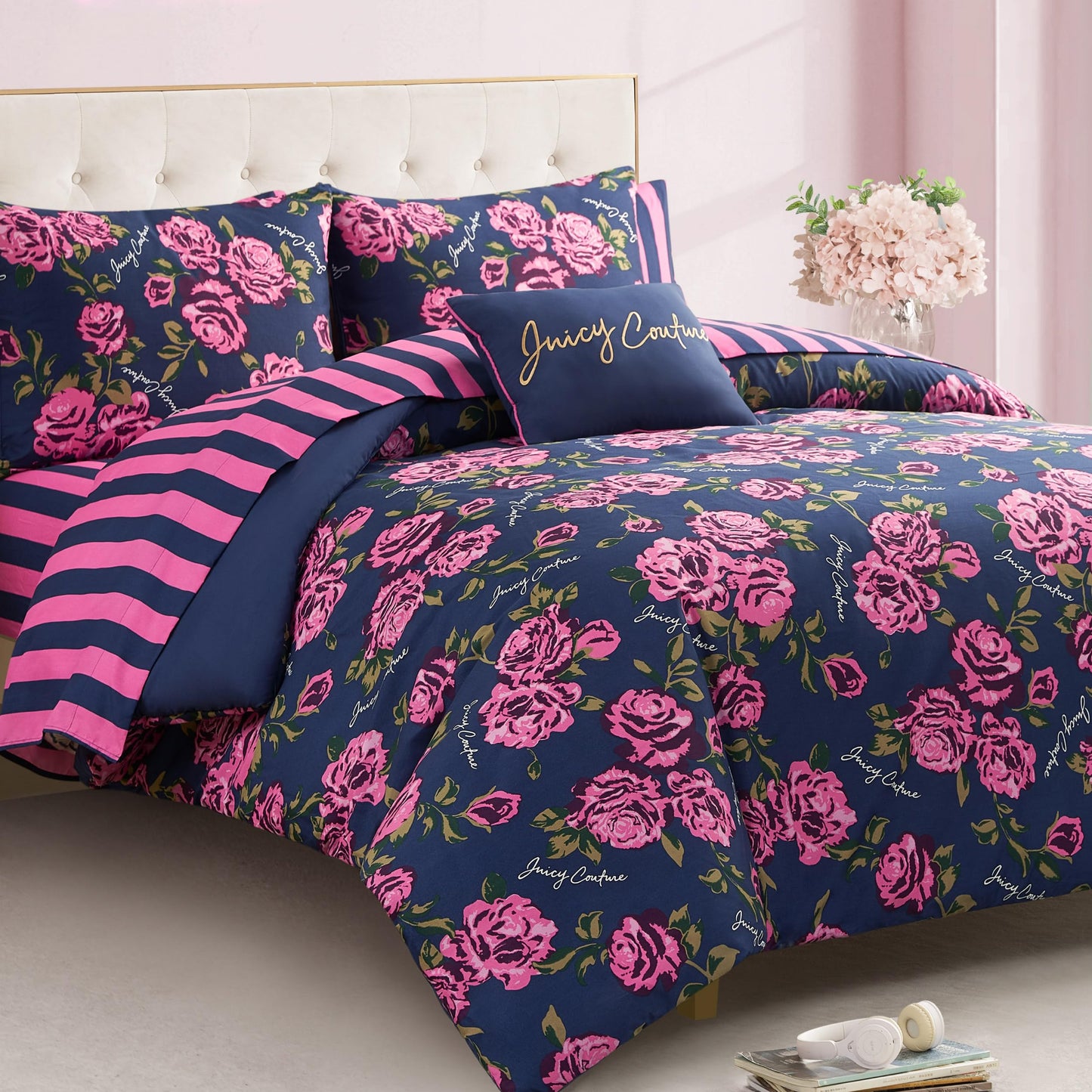 Juicy Couture Rose Logo Full Comforter Set, Navy/Pink – 8-Piece Complete Bed in a Bag