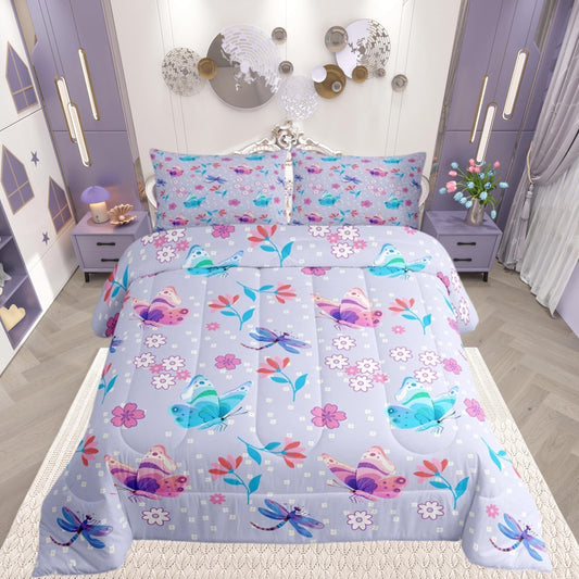 Feelyou Butterfly Comforter Set Full Size Floral Bedding Set for Kids Boys Girls Girl Butterfly Floral Duvet Quilt Cute Bedroom Decor Purple Microfiber 3 Pcs with 2 Pillow Cases