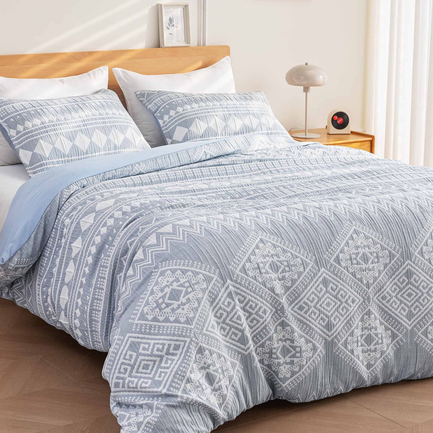 SLEEP ZONE Duvet Cover Set Queen, Luxury Jacquard Boho Rhombus Soft and Breathable 3 Pcs Comfy Bedding Set Duvet Cover with Zipper Closure and 2 Pillow Shams, Blue