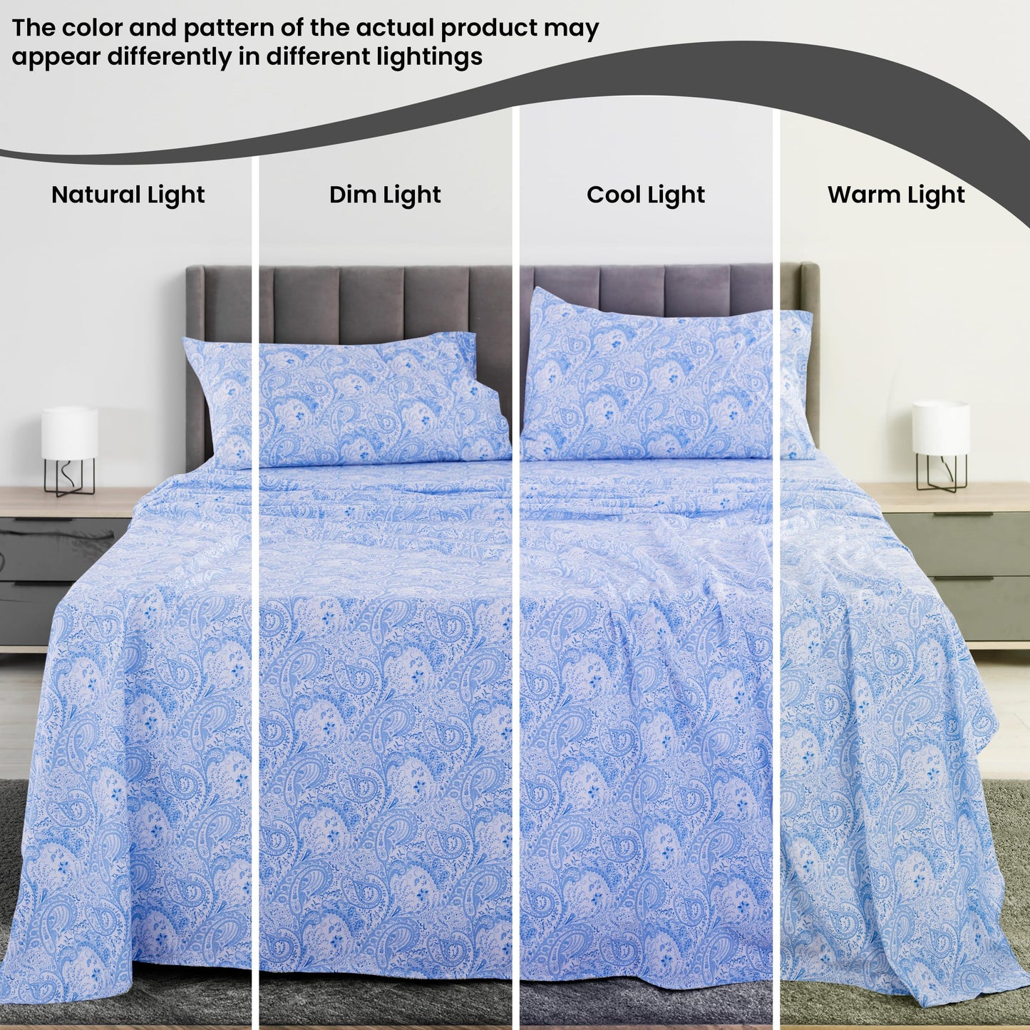 Ultra Soft Wrinkle-Free Microfiber Paisley Twin XL Sheet Set, Cute Floral Pattern Boho Print – 16" Deep Pocket Fitted Sheet, Flat Sheet & 2 Pillowcases, Breathable, OEKO-TEX - White/Blue