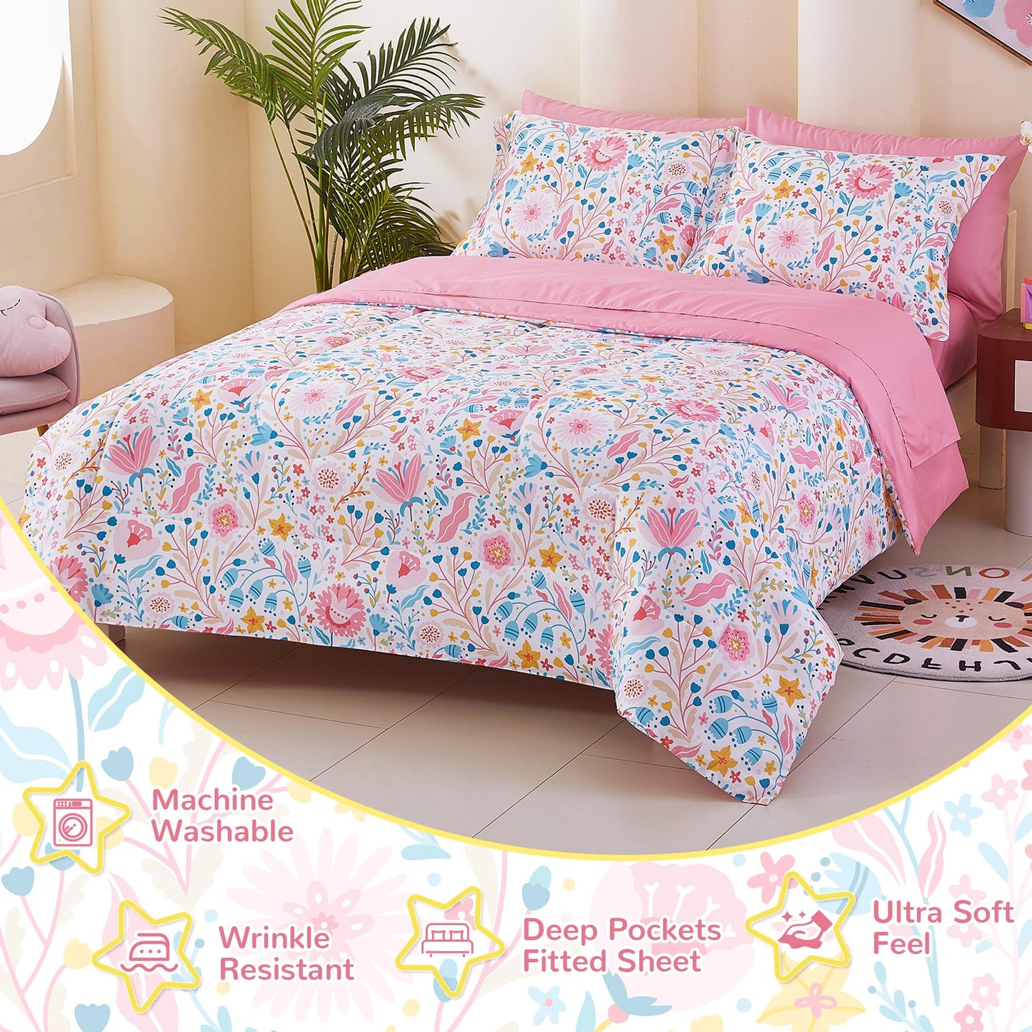 Viviland Kids Twin Bedding Sets for Girls, Soft Twin Comforter Set with Sheets, 5 Pieces Microfiber Bed in a Bag, Colourful Floral