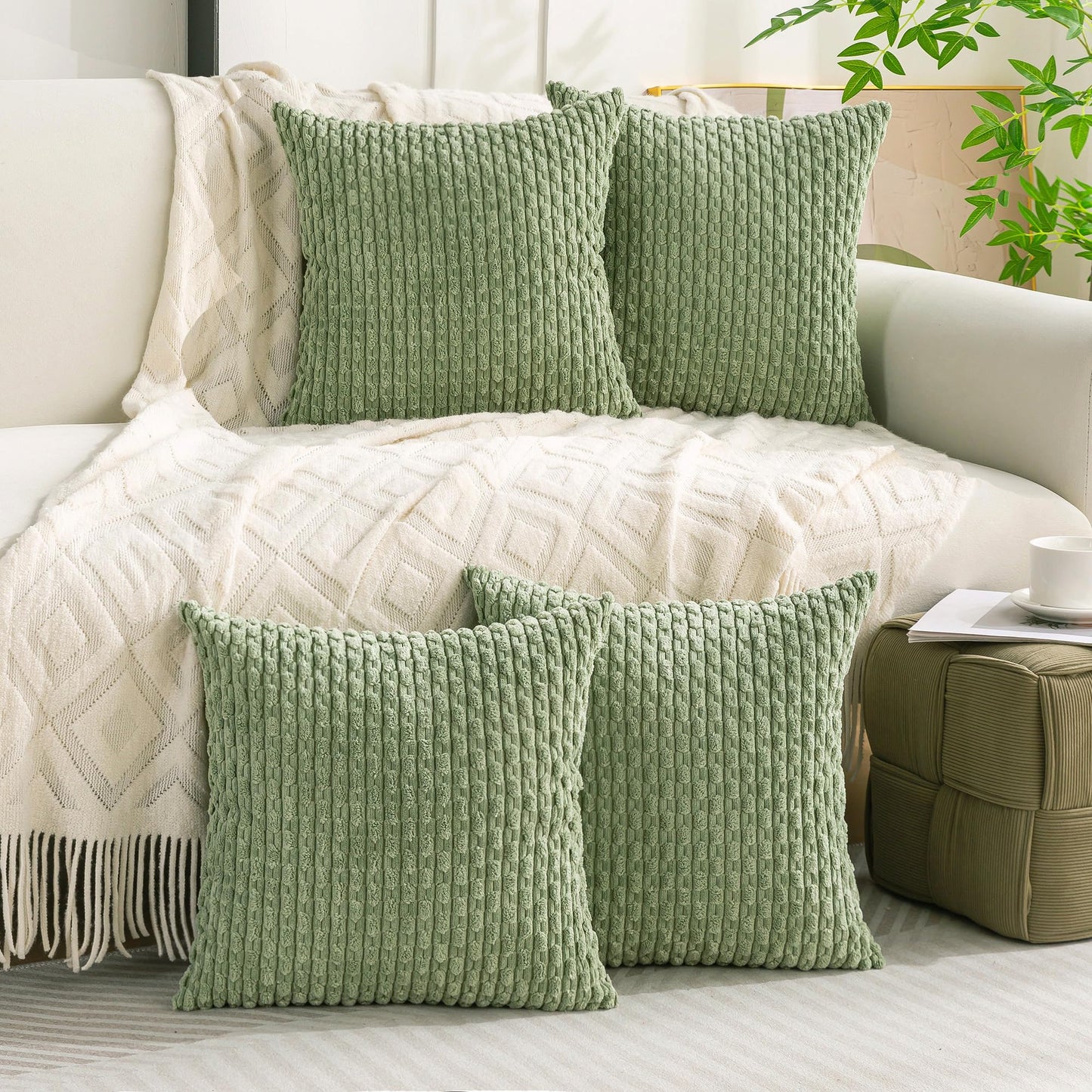 Cozoomy Set of 4 Sage Green Decorative Throw Pillow Covers 18x18 Inch Corduroy Pillow Covers for Bed Couch Sofa Living Room Soft Square Cushion Cases