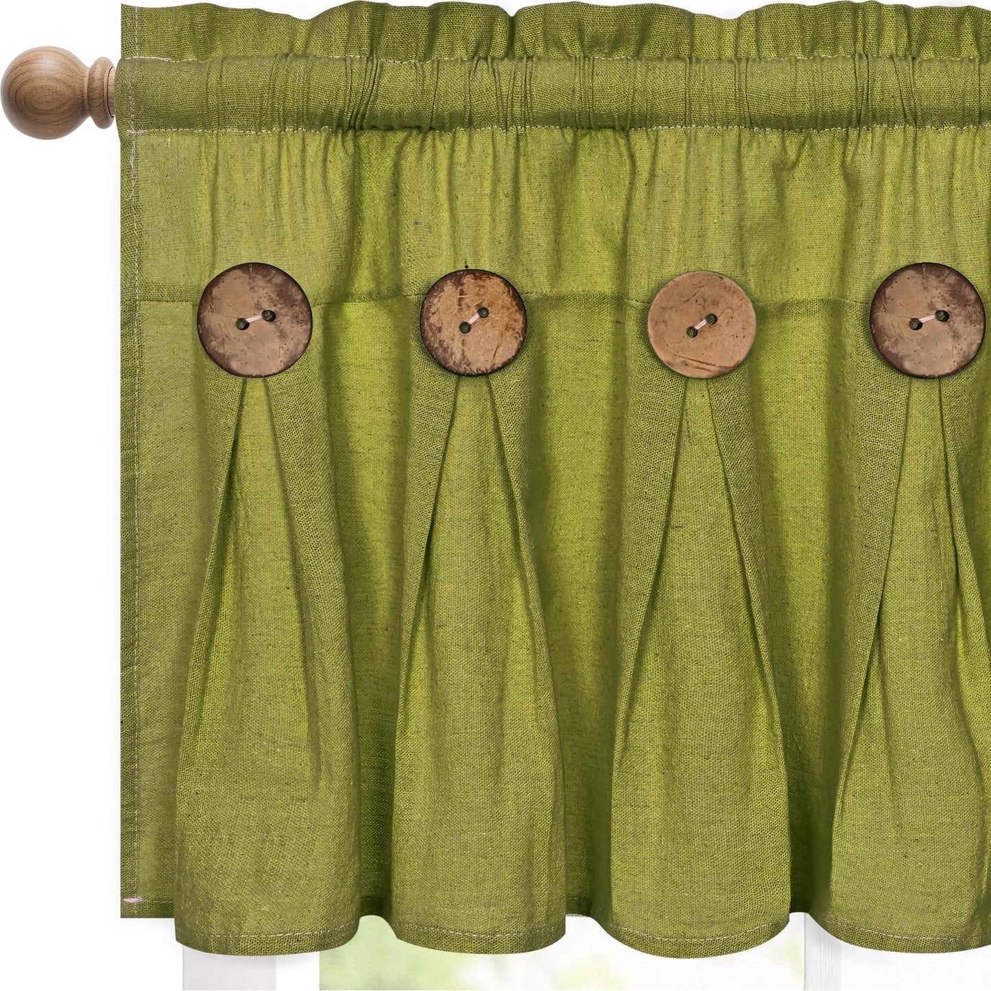 FRAMICS Farmhouse Valance Curtains, Boho Cotton Linen Kitchen Valance, Fresh Green Rustic Button Window Valances for Kitchen Bathroom, Rod Pocket Valances for Windows, Fresh Green, 52 x 18 Inch