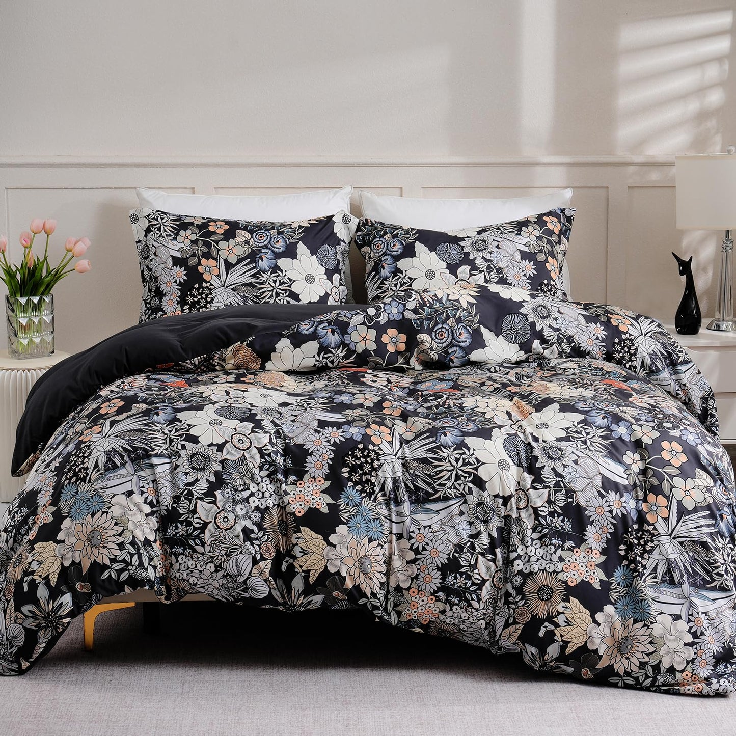 LONAVA Queen Flower 3 Pcs Duvet Cover Set, Breathable Soft Microfiber Black Lining Comforter Cover with Zipper Closure, and 2 Anti-Pilling, Fade Resistant Pillowcases, Midnight Blossoms