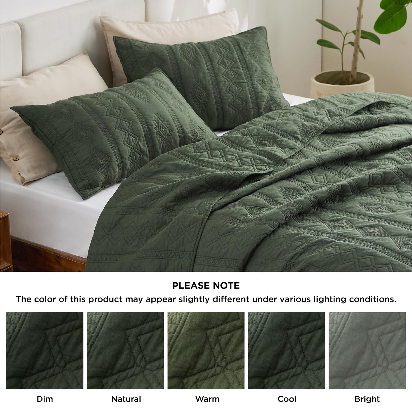 Bedsure 100% Cotton Quilt Set - Queen Size Bedspread, Lightweight Soft Bed Coverlet, PureWoven, 3-Piece Cozy Stitching Quilt Set with 2 Pillow Shams in Geometric Pattern, 90x96, Olive Green