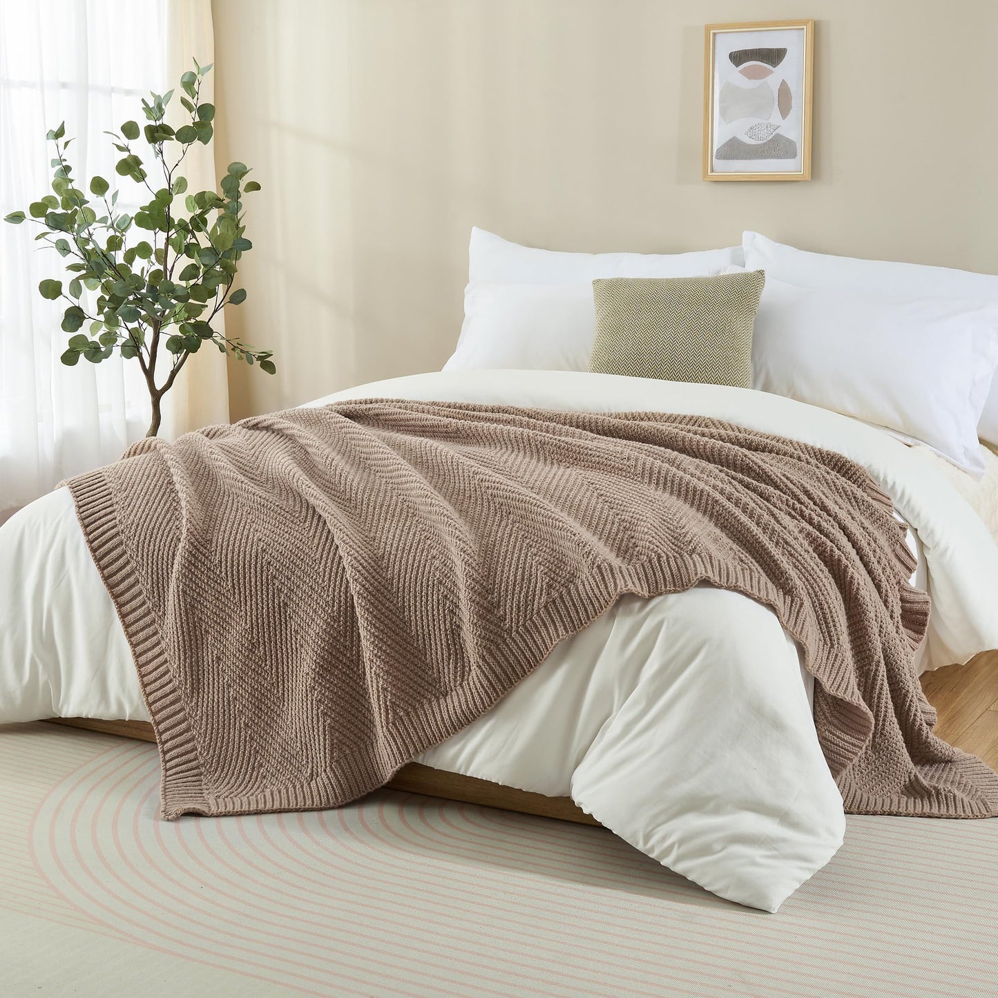LONG CREATE Knitted Throw Blanket 50"X60", Taupe Knit Throws for Bed, Super Soft Boho Chevron Blankets for Couch Sofa Chair Room Decor, Textured Decorative Farmhouse Cozy Lightweight