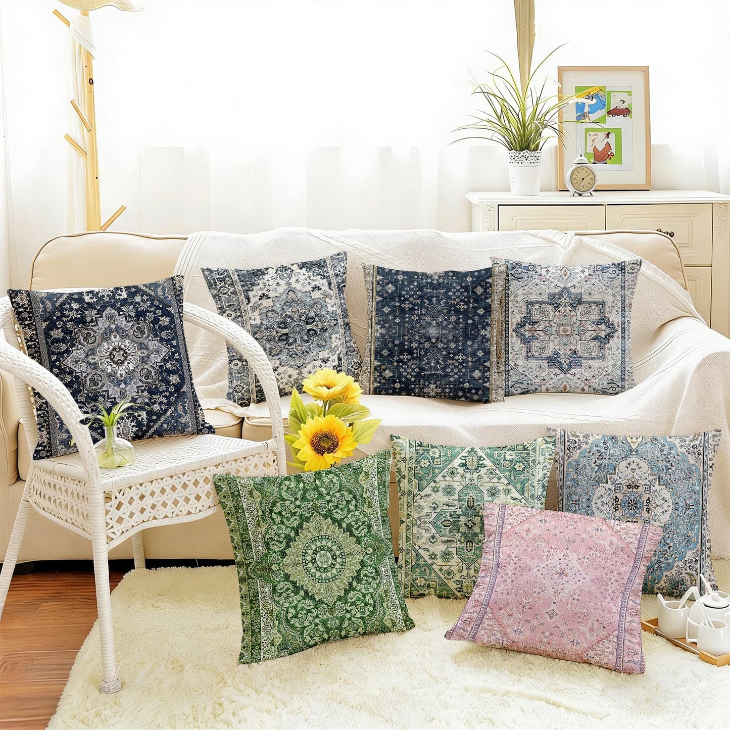 ZSYTZL Boho Throw Pillow Covers 18x18 inch Set of 2,Linen Bohemia Carpet Pattern Decorative Living Room Sofa Bed Square Pillow Case Cushion Cover-Sapphire Blue