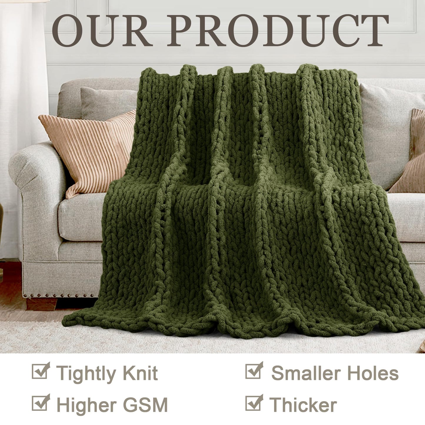 LONG CREATE Chunky Knit Throw Blanket Bundle Chenille Throw Blanket， 50"X 60" Olive Green