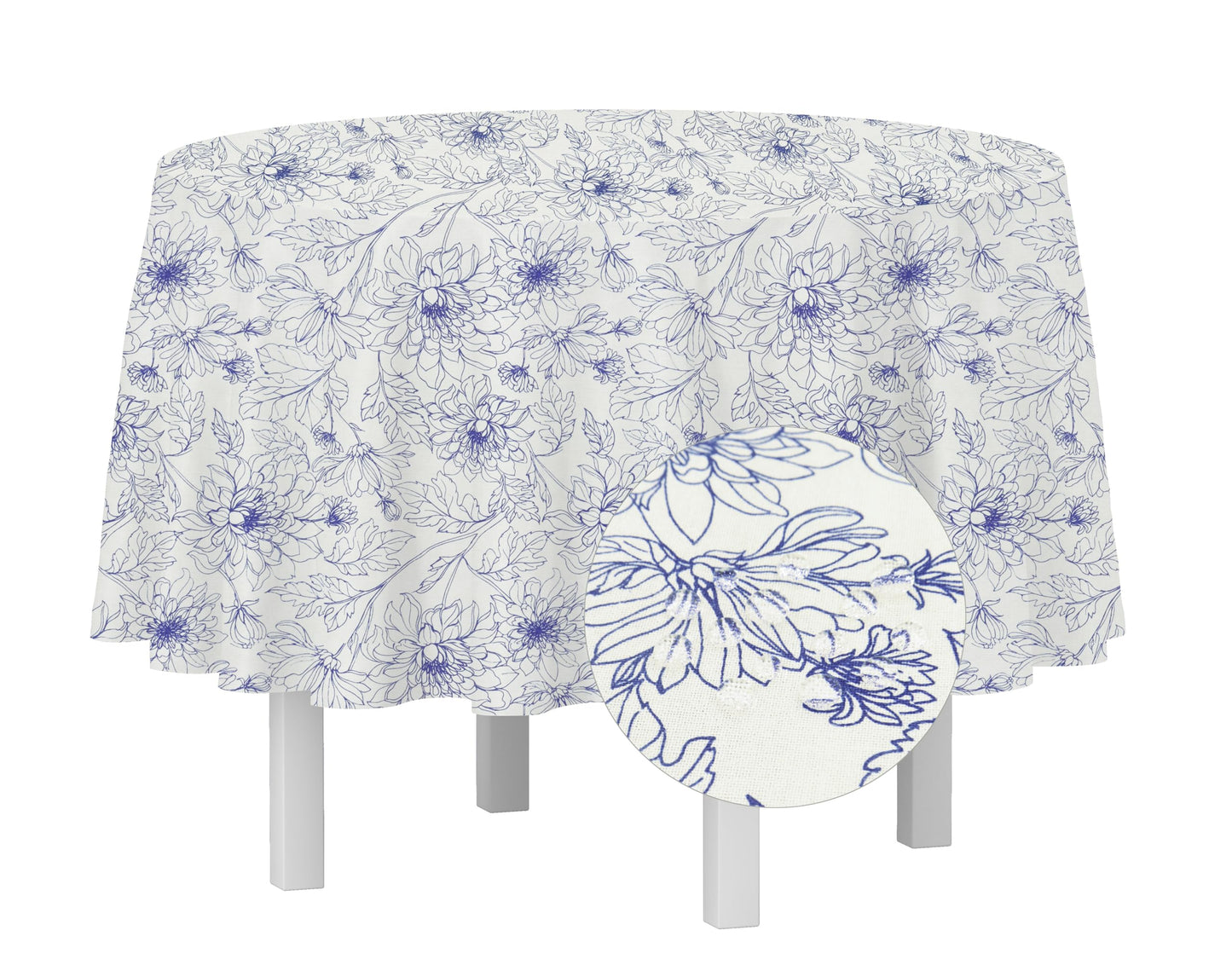 PurpleEssences Floral Blue Tablecloth Classic French Village Linen Fabric Table Cover Farmhouse Kitchen Dining Perfect for Spring Easter Summer Table Decor - 60 Inch Dia Round - Blue Floral