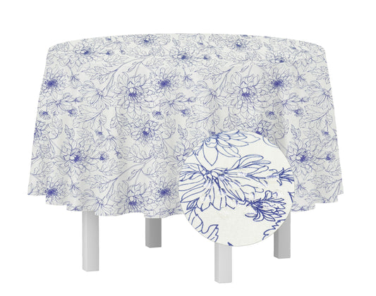 PurpleEssences Floral Blue Tablecloth Classic French Village Linen Fabric Table Cover Farmhouse Kitchen Dining Perfect for Spring Easter Summer Table Decor - 60 Inch Dia Round - Blue Floral