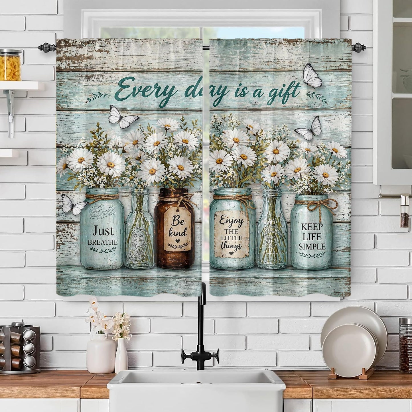 Farmhouse Kitchen Curtains for Windows, Rustic Blue Wood Wildlife Daisy Cafe Curtains Inspirational Quotes Every Day is a Gift Small Window Treatment for Bathroom Laundry Room 2 Panels 21x45 Inch