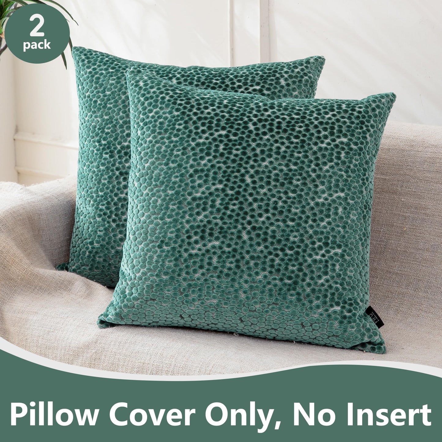 FIFU 18x18 Inch Throw Pillow Cover Set of 2 - Jacquard Velvet Cut-Pile with Linen-Look Back, Invisible Zipper, Soft Decorative Cushion Case for Couch Sofa Bedroom Living Room, Machine Washable, Teal