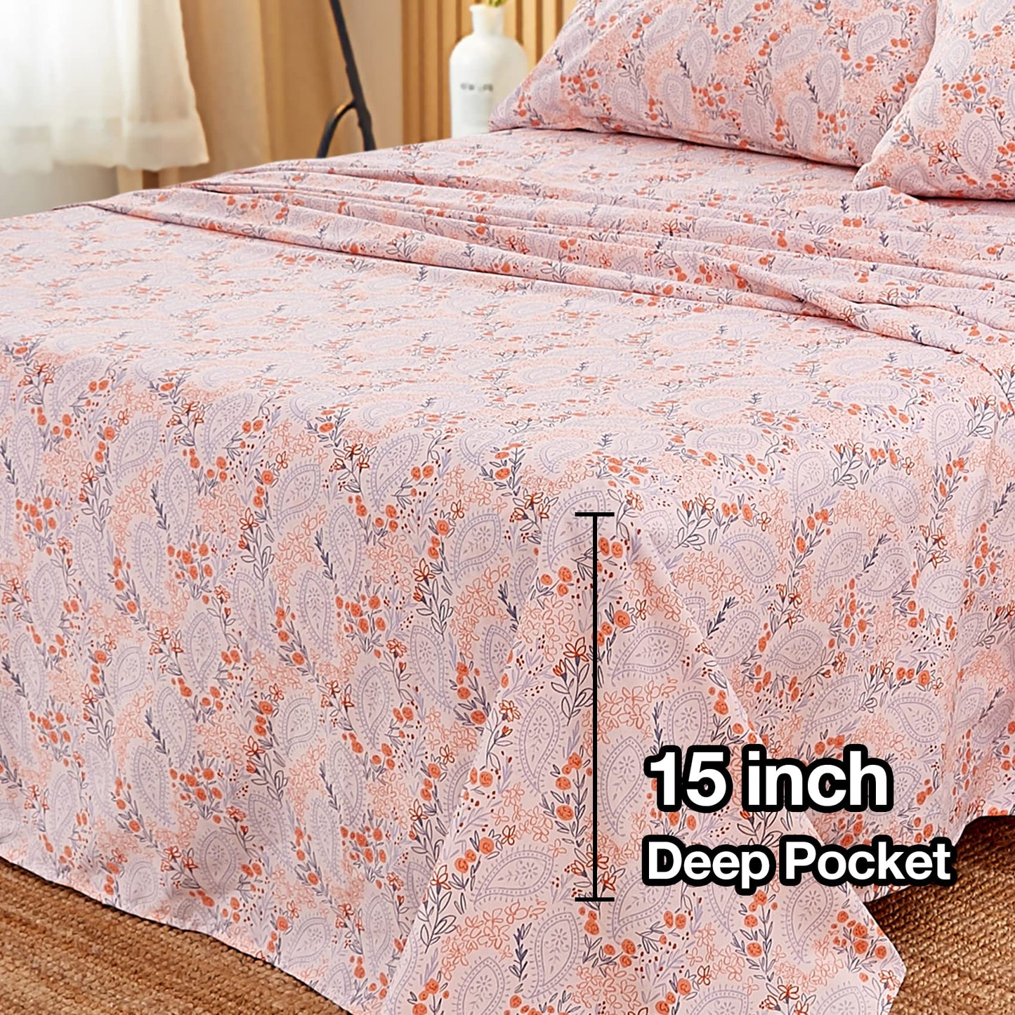 JSD Pink Paisley Floral Sheet Set King Size, 4 Piece Soft Printed Microfiber Sheets Extra Deep Pocket