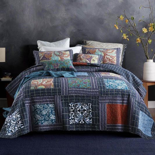 mixinni 100% Cotton Gorgeous Floral Quilt Set, King Size Quilted Bedding Set, Boho Reversible Navy Blue Patchwork Paisley Pattern Bedspread Coverlet Set with 2 Pillow Shams for All Seasons (106"x98")