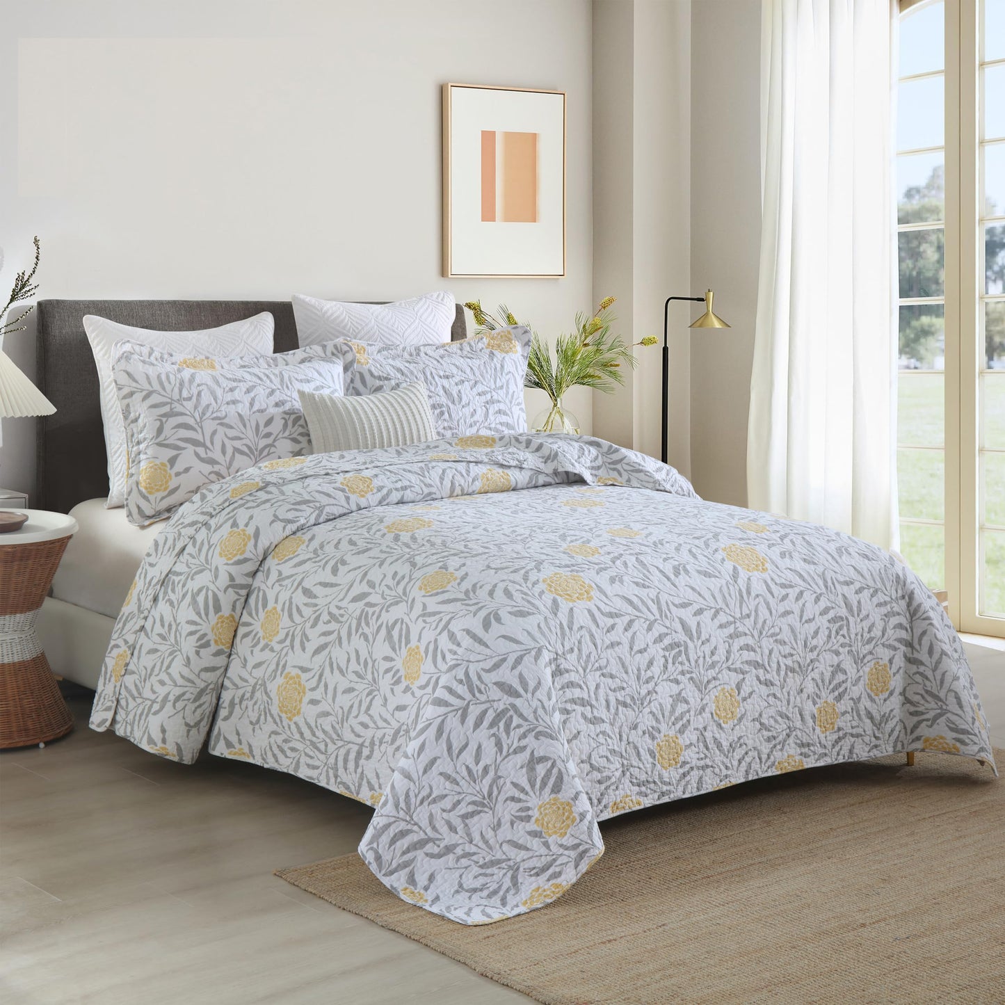 Homzard Floral Queen Comforter Set - 100% Cotton Quilts Queen Size,Yellow Gray White Bedspreads (90 * 98 Inch) with 2 Pillow Shams, Farmhouse Lightweight Bedding 3 Pieces