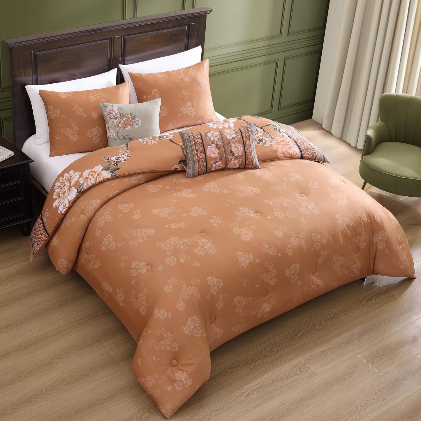 Bebejan Rossana 100% Cotton Sateen 5 Piece Comforter Set, Terracotta, Floral Reversible Bedding Comforter Set, 1 Comforter, 2 Shams & 2 Pillows (King/Cal King)