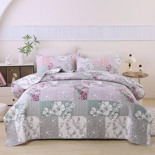 DURLENGEN Patchwork Quilt Set King Size 3Pcs, Floral with Patchwork Pattern,Soft Microfiber Lightweight Bedspread for All Season Layering(King 106x96,Floral Patchwork)