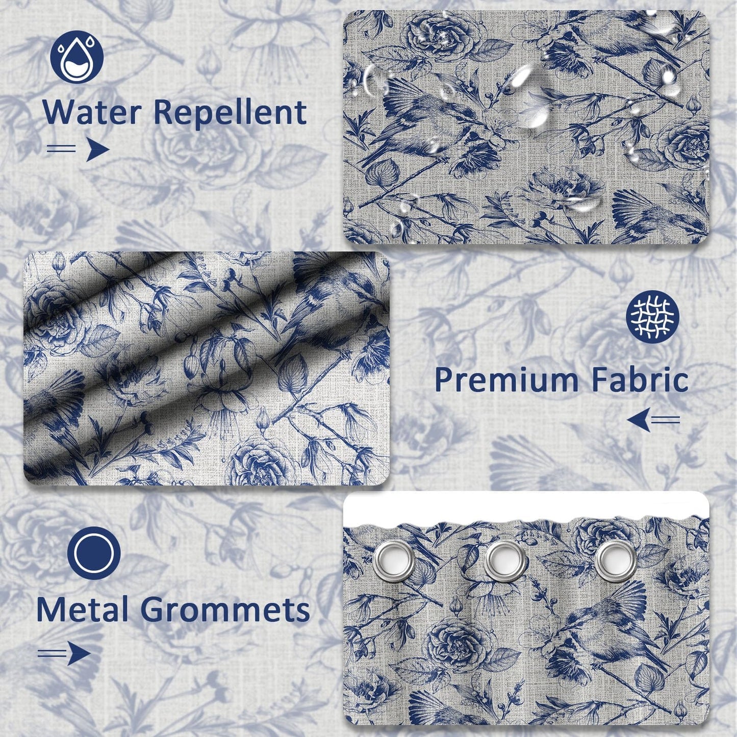 DLTAY Navy Blue Vintage Botanical Shower Curtain, 70x72 Inch