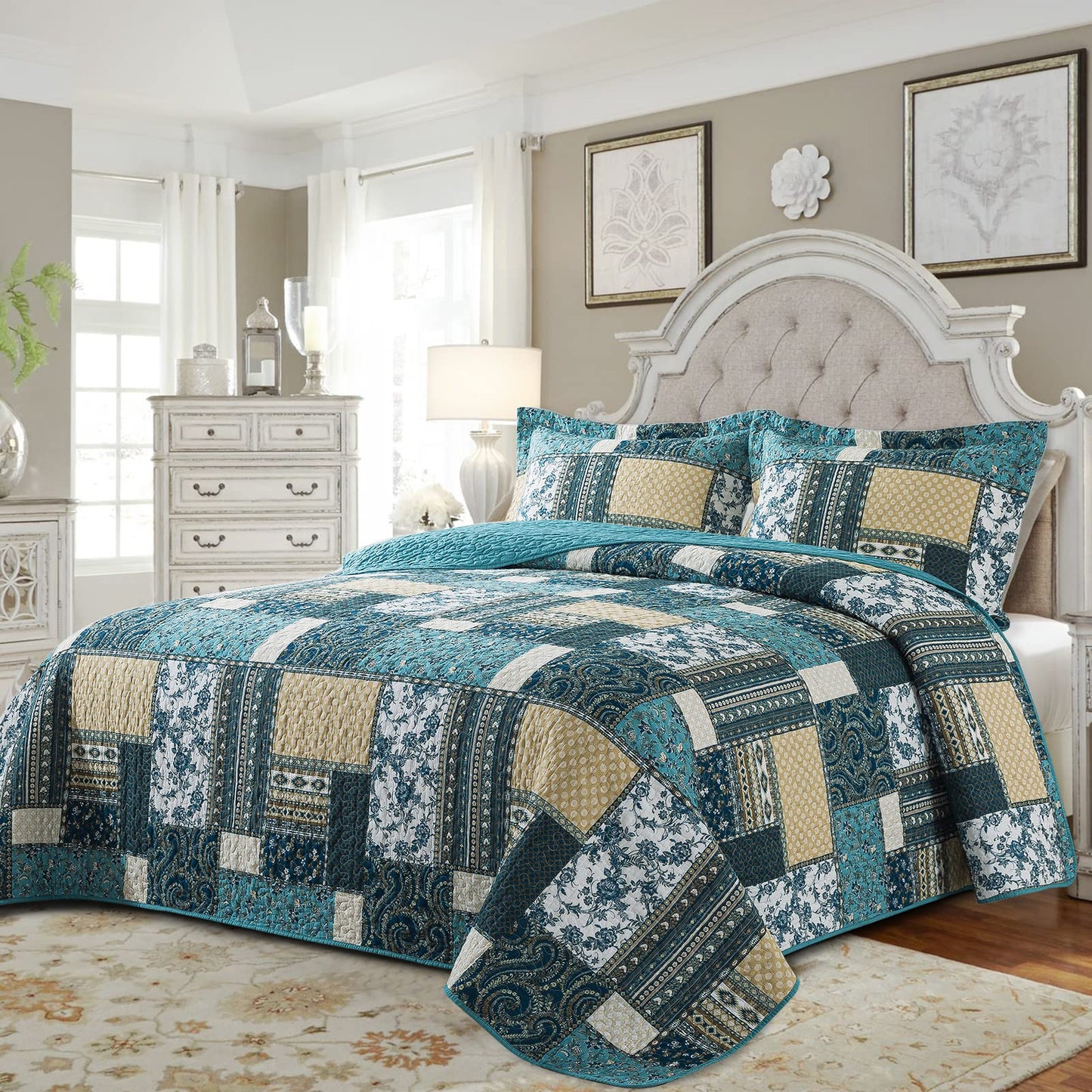BEDIFANY Cotton Queen Size Quilt Sets, Lightweight Bedspread Queen Size Coverlet Boho Queen Quilt, Soft Farmhouse Queen Quilt Bedding Sets for Bed Decorations for All Seasons (3 Pieces, Blue)
