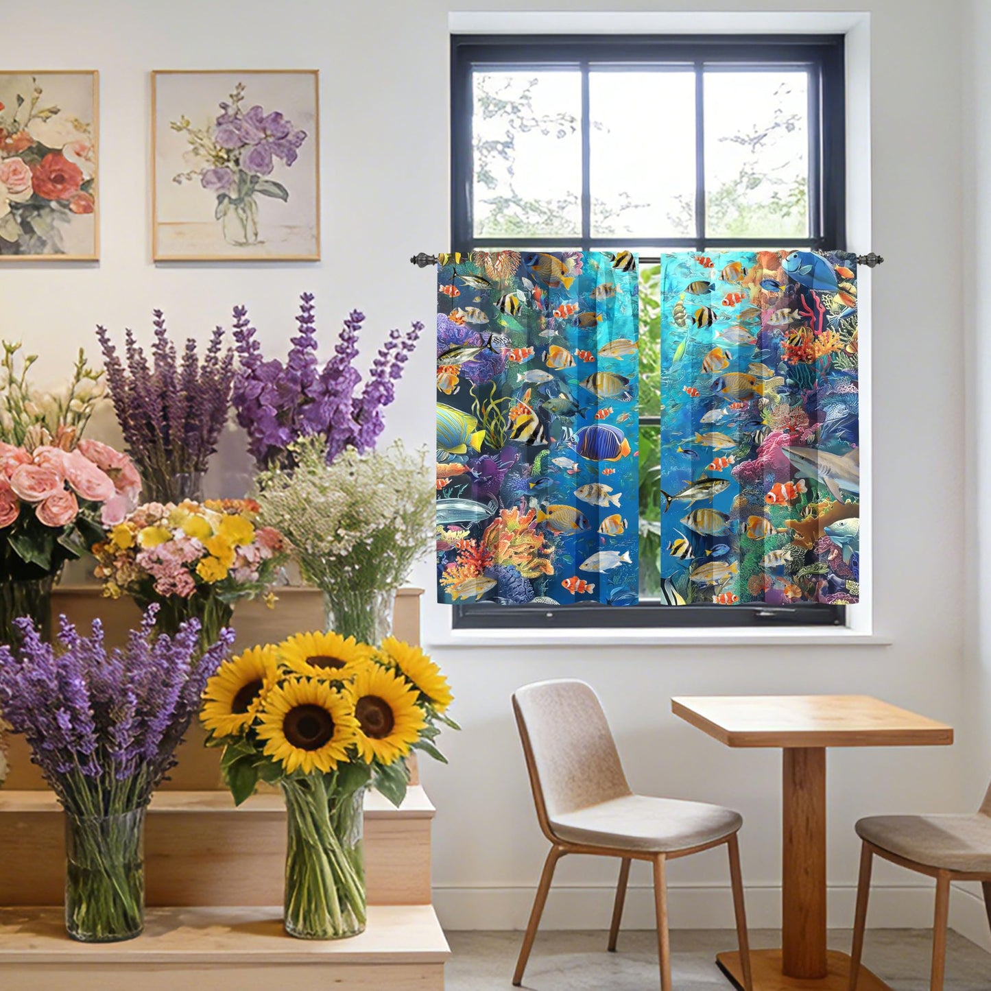Ecixzyo Fish Kitchen Curtains Short Rod Pocket Drapes Tiers Window Curtains for Basement Bathroom 2 Panels 28x36in