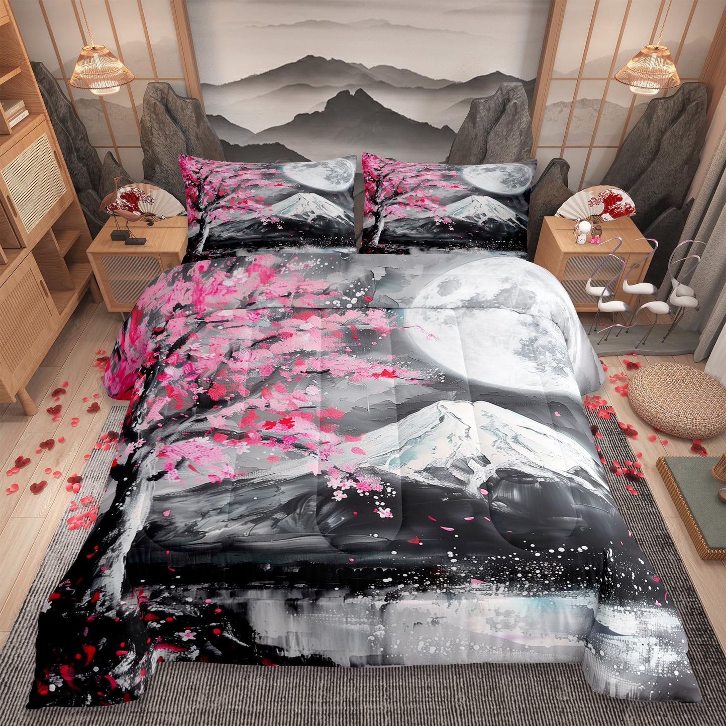 Castle Fairy Japanese Ukiyoe Comforter Set Twin Size,Fuji Mountain Scenery Quilt Set for Kids Girls Boys Home Room Decor Pink Cherry Blossoms Tree Bedding Set Retro Oil Painting Art Duvet Insert 2pcs