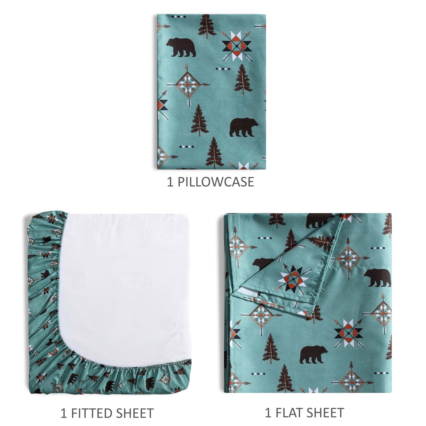 Beatrice Home Fashions Cozy Cabin 3-Piece Twin Microfiber Bedding Sheet Set with Deep Pockets Rustic Patchwork Plaid Deer, Wilderness Bears