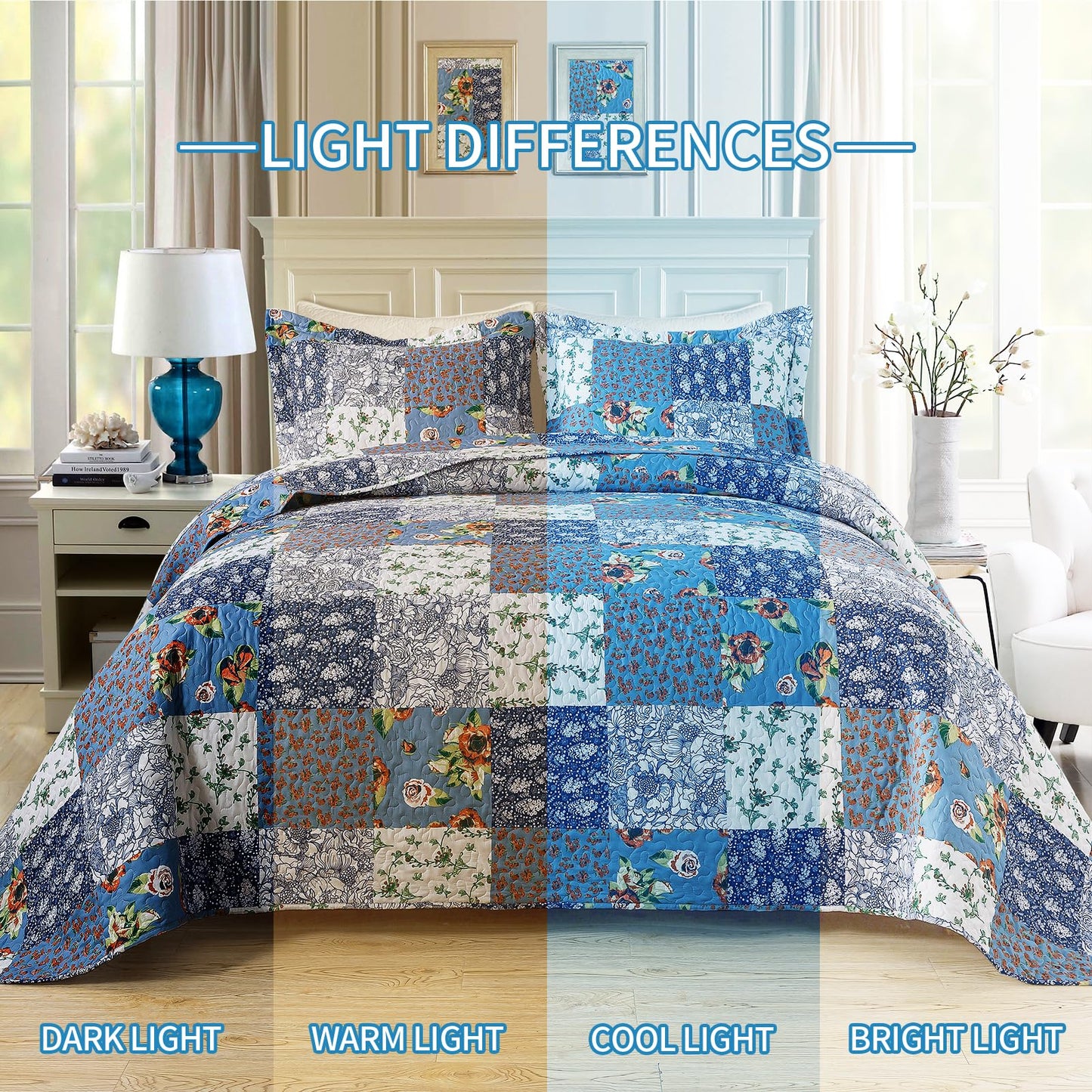 BEDIFANY Quilts Queen Size Bedding Set - Cotton-Filled Lightweight Bedspreads Queen Size (90 x 98 inch) with Garden Pattern - Reversible Farmhouse Queen Quilt Bedding Sets for Decorations, 3 Pieces
