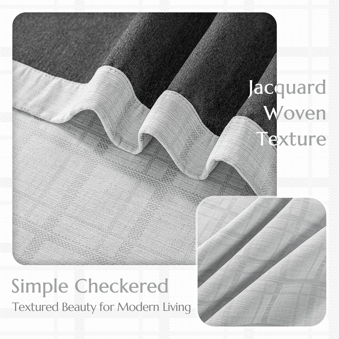 Beauoop Grey Plaid Jacquard Blackout Curtains 84 Inches Long 2 Panels for Bedroom Living Room Gingham Checkered Room Darkening Thermal Insulated Soundproof Grommet Window Drapes, 52x84 2 Set