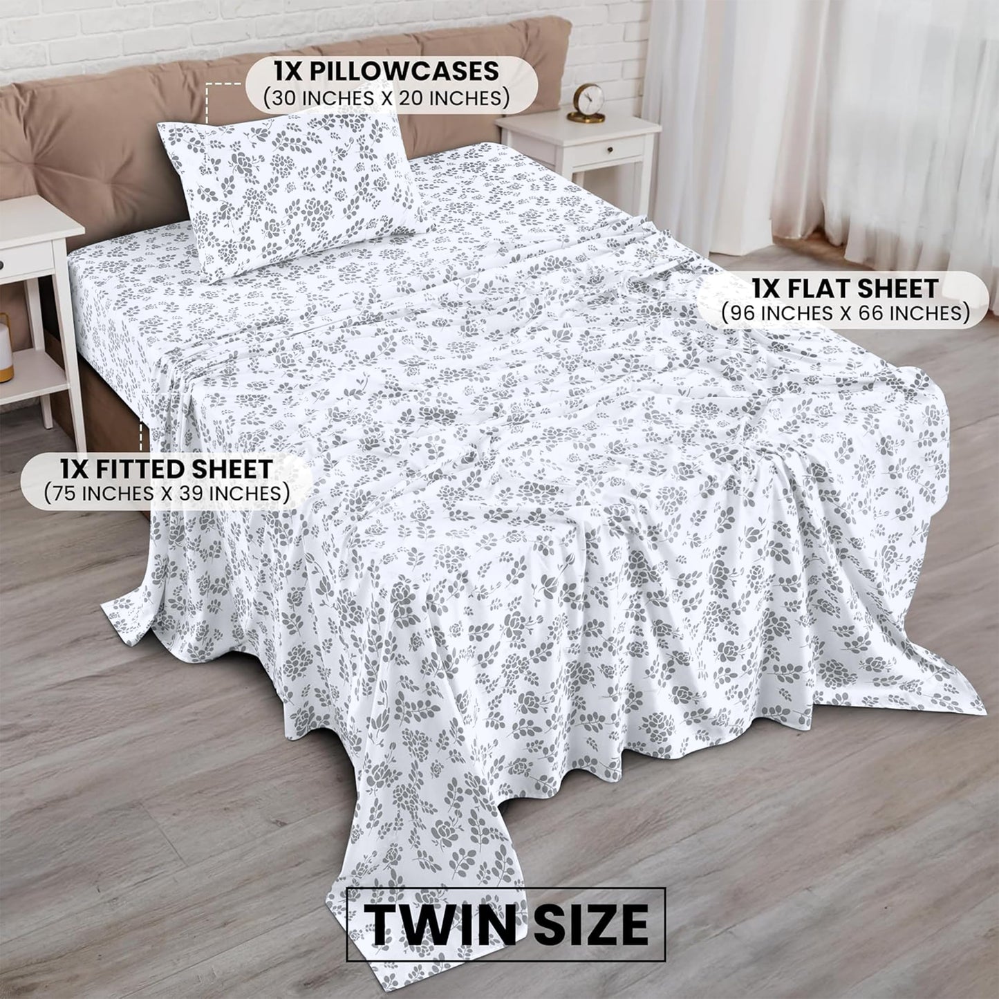 LUX Décor Floral Twin Sheet Set - 3 Piece Ultra-Soft Microfiber Bed Sheets with Flat Sheet, 16 Inches Deep Pocket Fitted Sheet & Pillowcases, Breathable, Bedroom Decor, Oeko-TEX - White Grey