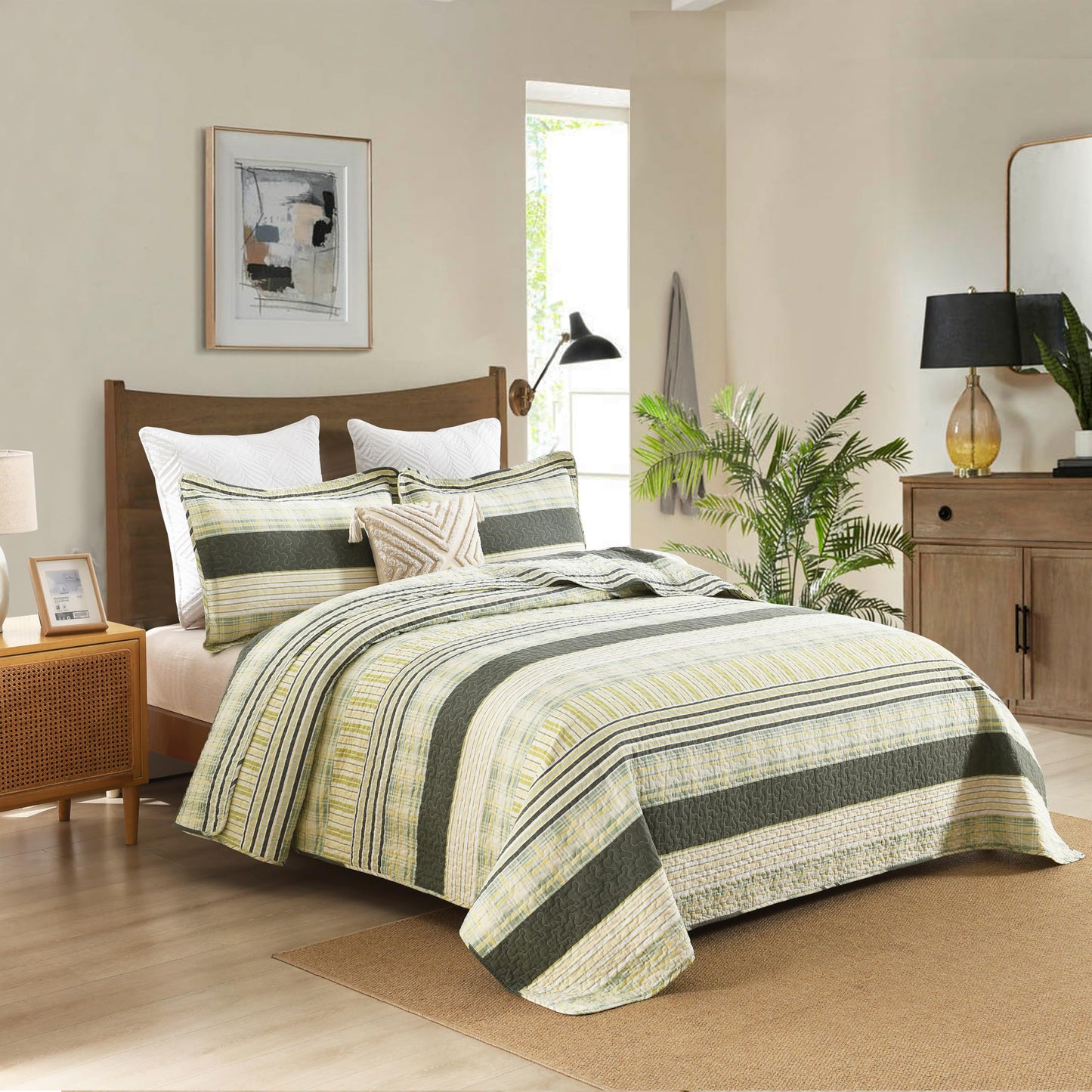Homzard 100% Cotton Quilt King Size, Green Yellow Striped Plaid Quilt Bedding Set,Olive Green Lightweight Soft Farmhouse Bedspread Coverlet,Summer Spring Lightweight King Size Comforter Set 3 Pieces