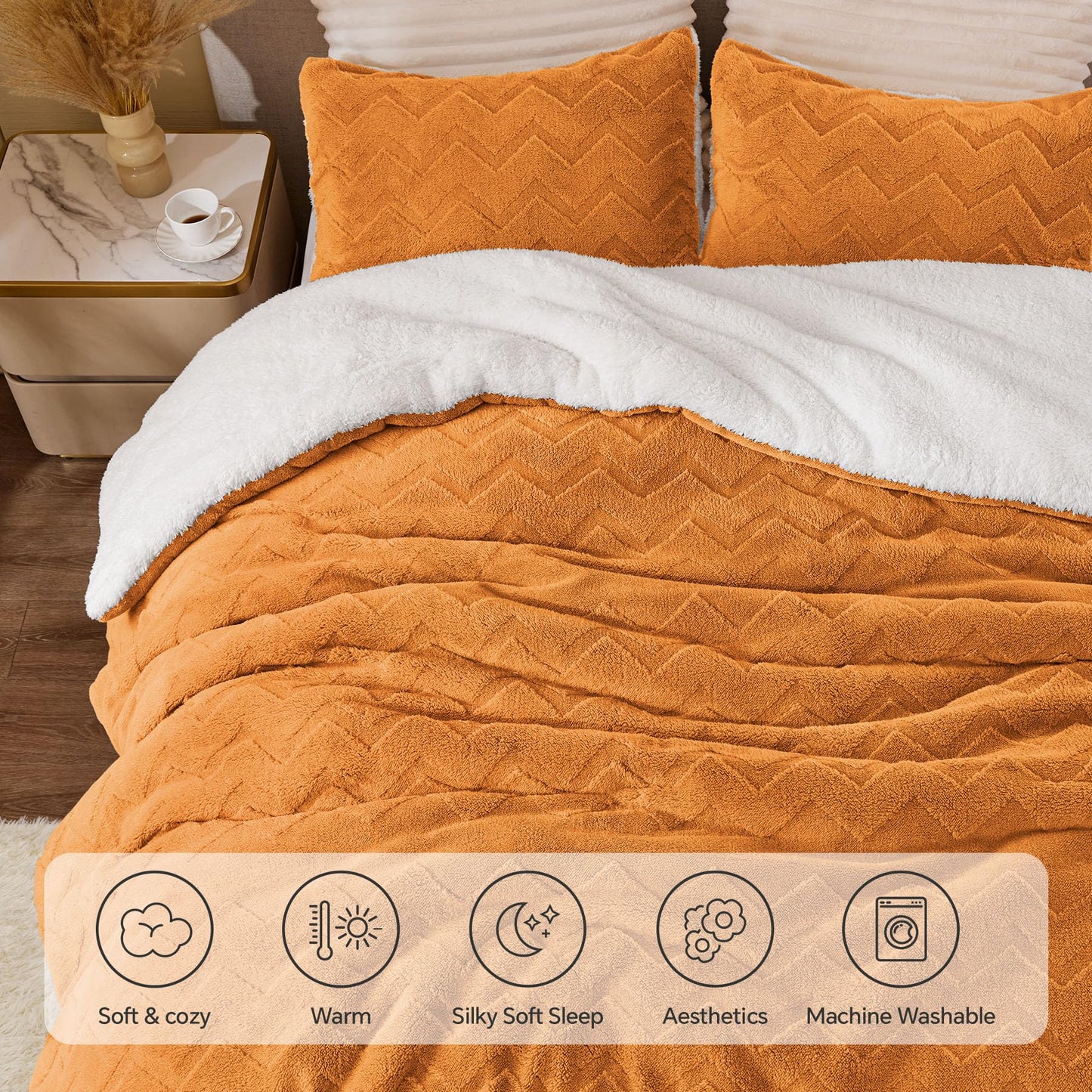 BEDELITE Fluffy Queen Comforter Set - Super Soft Sherpa Burnt Orange Comforter for Queen Size Bed, Luxury Warm Bedding Set for Winter, Fuzzy Bed Set 3 Pieces (1 Comforter, 2 Pillowcases)