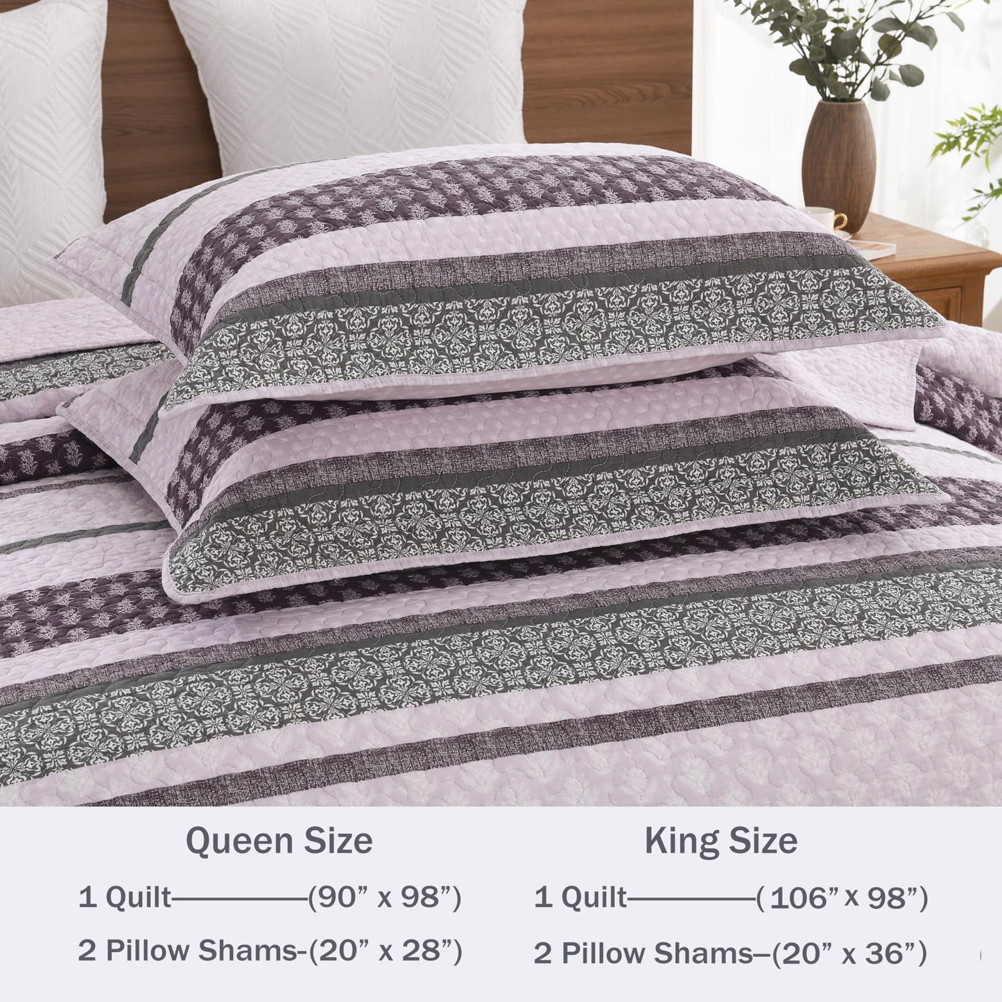 Homzard Quilts Queen Size, Cotton Comforter Set, Purple and Grey Queen Bed Set,Lightweight Striped Bedding, Farmhouse Bedspread All Season 3 Pieces