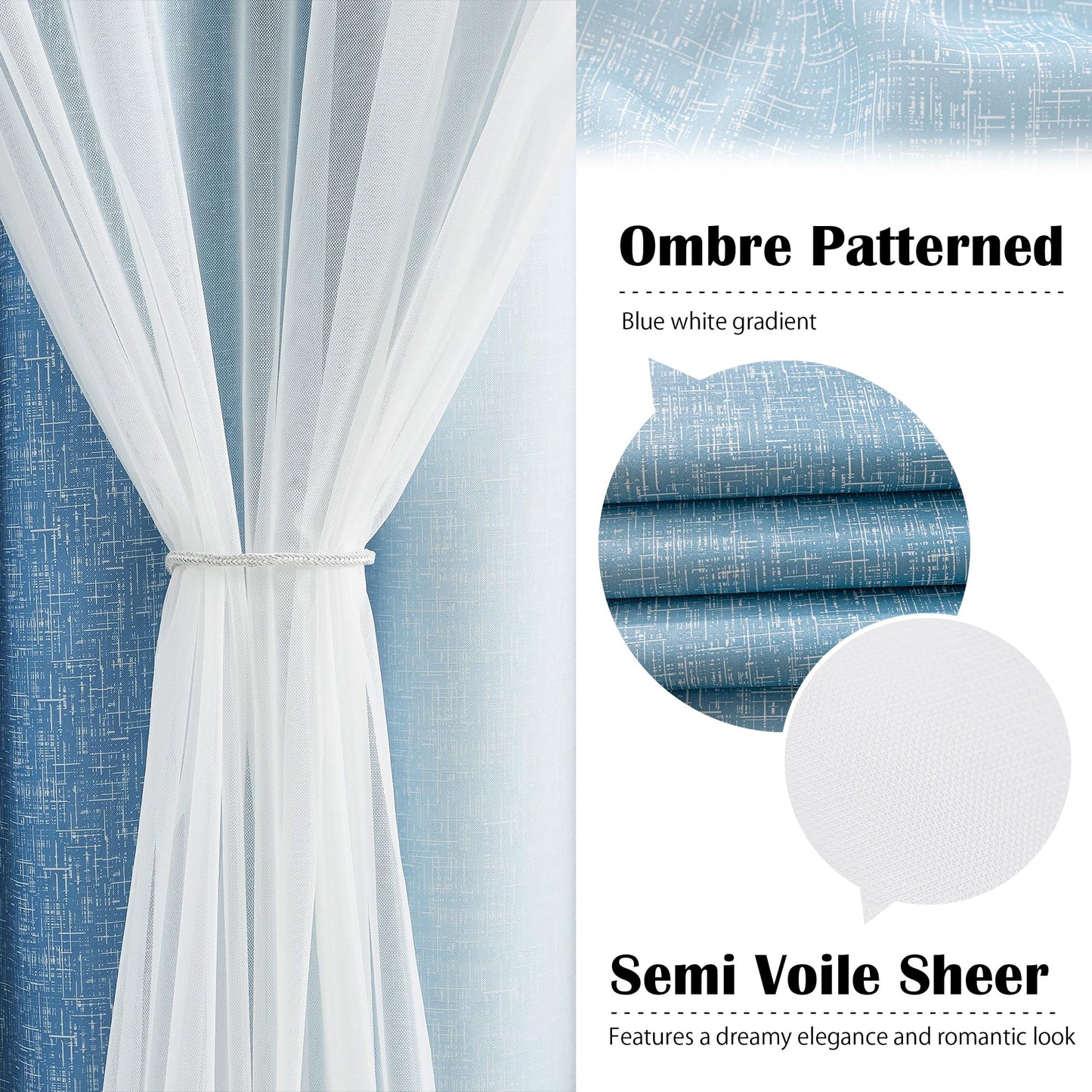 Geomoroccan Ombre 100% Blackout Curtains 54 Inches Long 2 Panels for Bedroom Living Room Blue and White Double Layer Sheer Overlay Mix & Match Grommet Thermal Soundproof Drapes with Tiebacks, 52x54