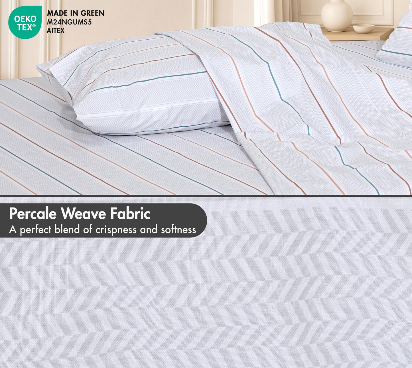 RUVANTI 100% Cotton Percale Sheets Full Size – Crisp Cooling Bed Sheets for Hot Sleepers, Deep Pocket 16”, Soft Breathable & Durable Hotel-Style 4 Piece Set, Chevron Twill Stripe