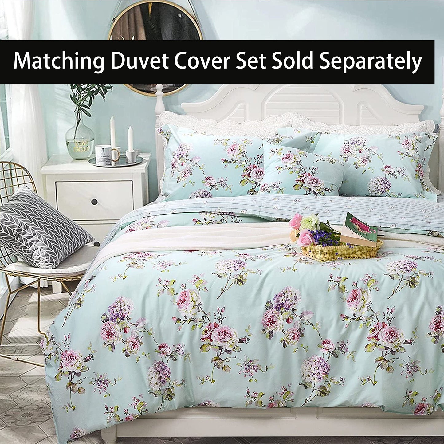 FADFAY Sheet Set King Farmhouse Bedding Rose and Hydrangea Flower Printed 100% Cotton Blue Floral Bed Sheet Shabby Vintage Deep Pocket Fitted Sheet 4-Pieces King