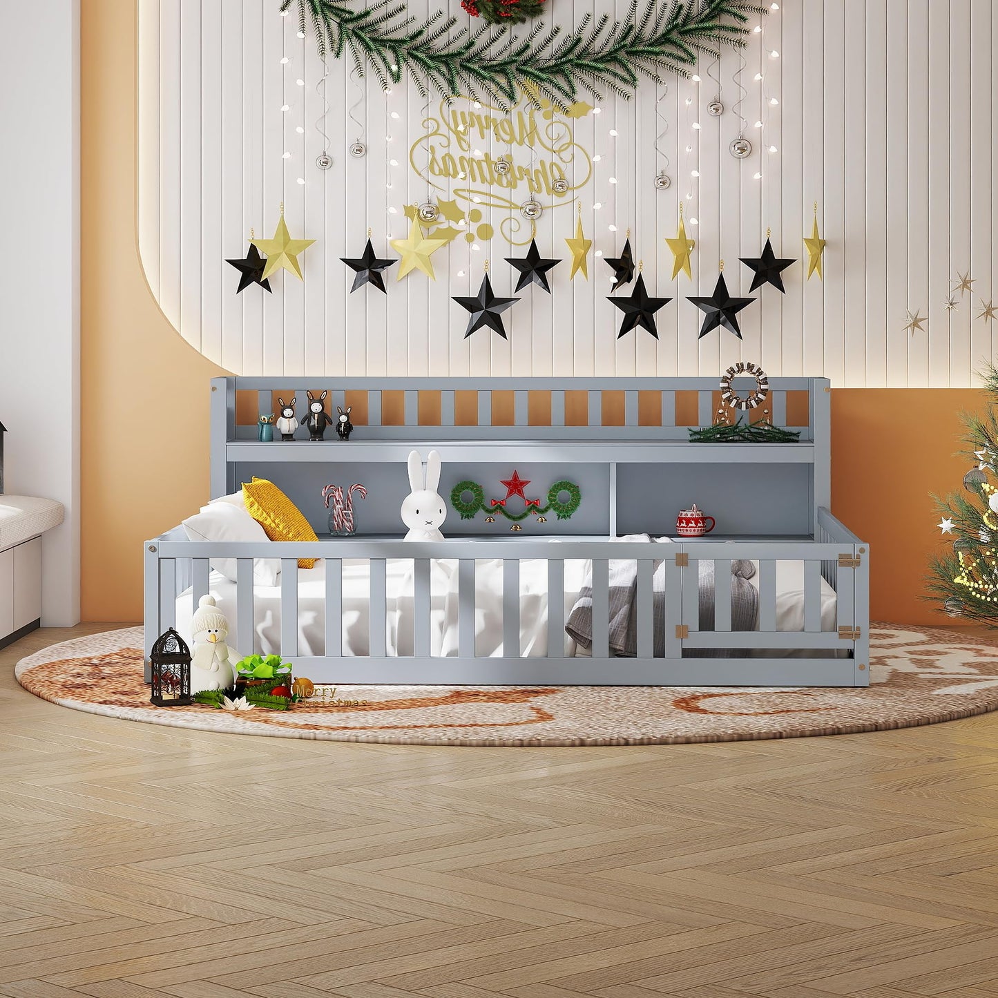 mikibama Full Size Montessori Floor Bed with Bookcase for Kids, Grey