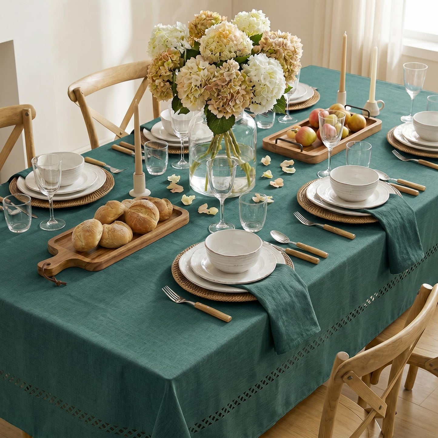 Horaldaily Green Farmhouse Style Tablecloth with Decorative Cutouts, 60×84 Inch Rectangular Polyester Table Cloth, Wrinkle Resistant Washable Table Cover for Dining Wedding and Outdoor