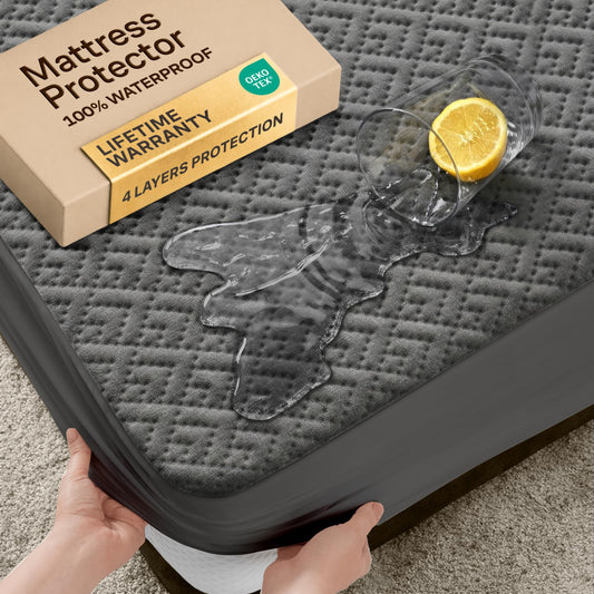 100% Waterproof Queen Mattress Protector - 360 Pad Protection Against Spills, Stains & Accidents for Parents & Pet Owners - Noiseless & Cooling Viscose Made from Bamboo (Grey)