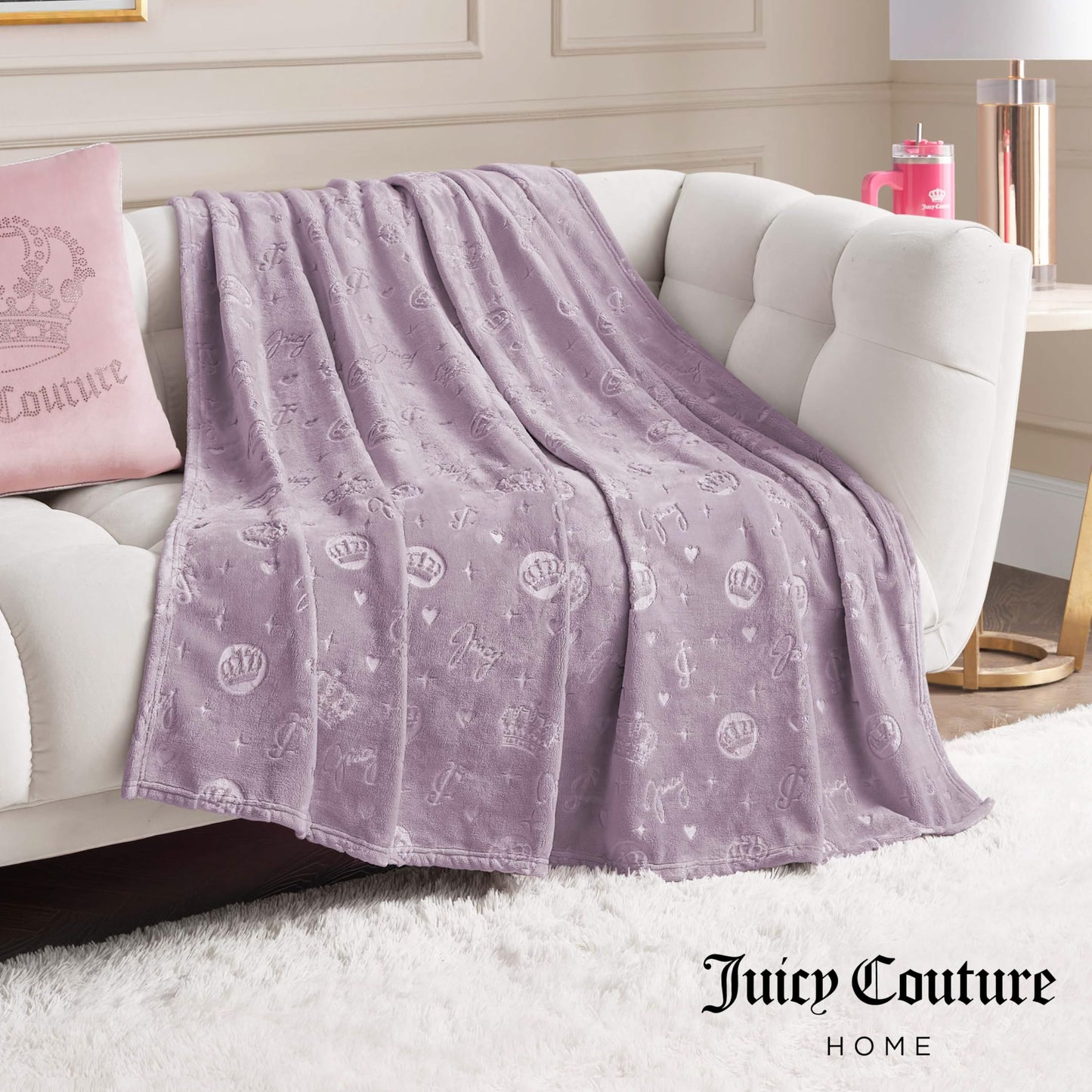 Juicy Couture Embossed Plush 60"x70" Oversized Throw Blanket, Emblem Toss Lavender Purple