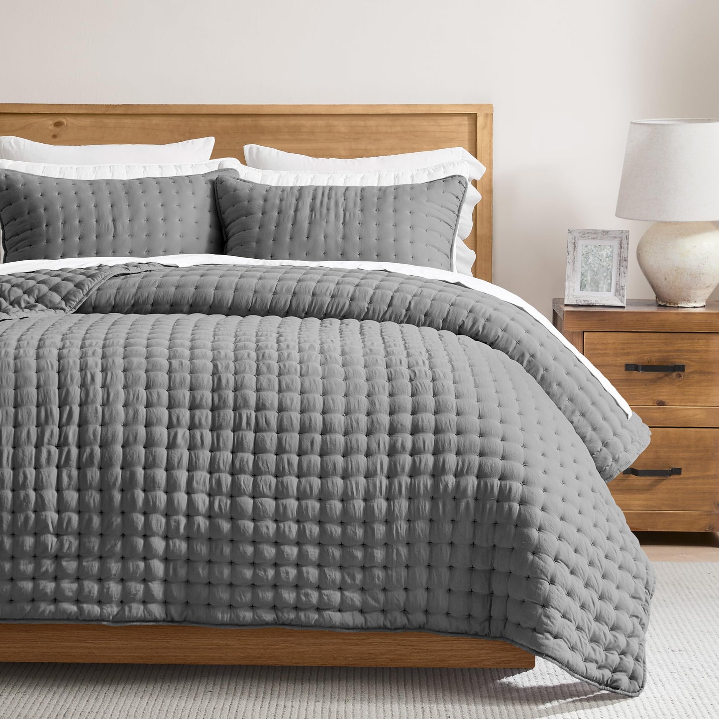 WDCOZY Dark Grey Queen Size Quilt Bedding Sets with Pillow Shams, Deep Lightweight Bedspread Coverlet, Quilted Blanket Thin Comforter Bed Cover, All Season Summer Spring, 3 Pieces, 90x90 inches