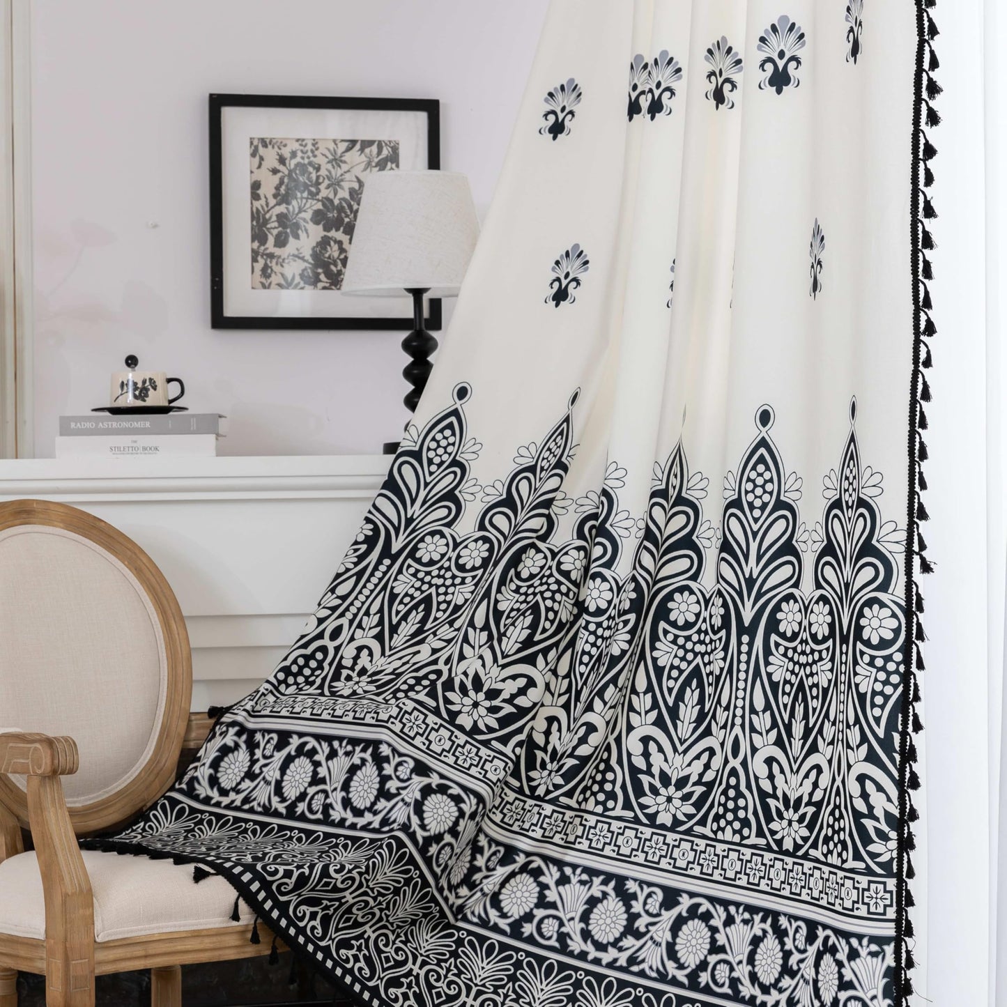Erbnaryx Black Damask Curtains 72 Inches Long, Boho Farmhouse Light Filtering Rod Pocket Drapes with Tassel Trim for Bedroom Living Room, 2 Panels