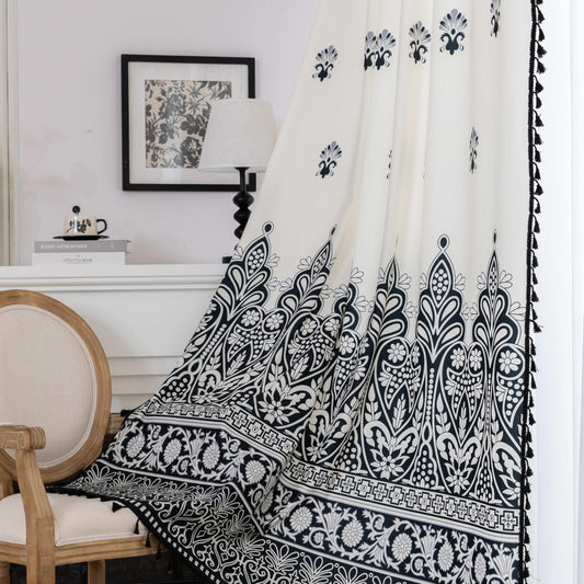 Erbnaryx Black Damask Curtains 72 Inches Long, Boho Farmhouse Light Filtering Rod Pocket Drapes with Tassel Trim for Bedroom Living Room, 2 Panels